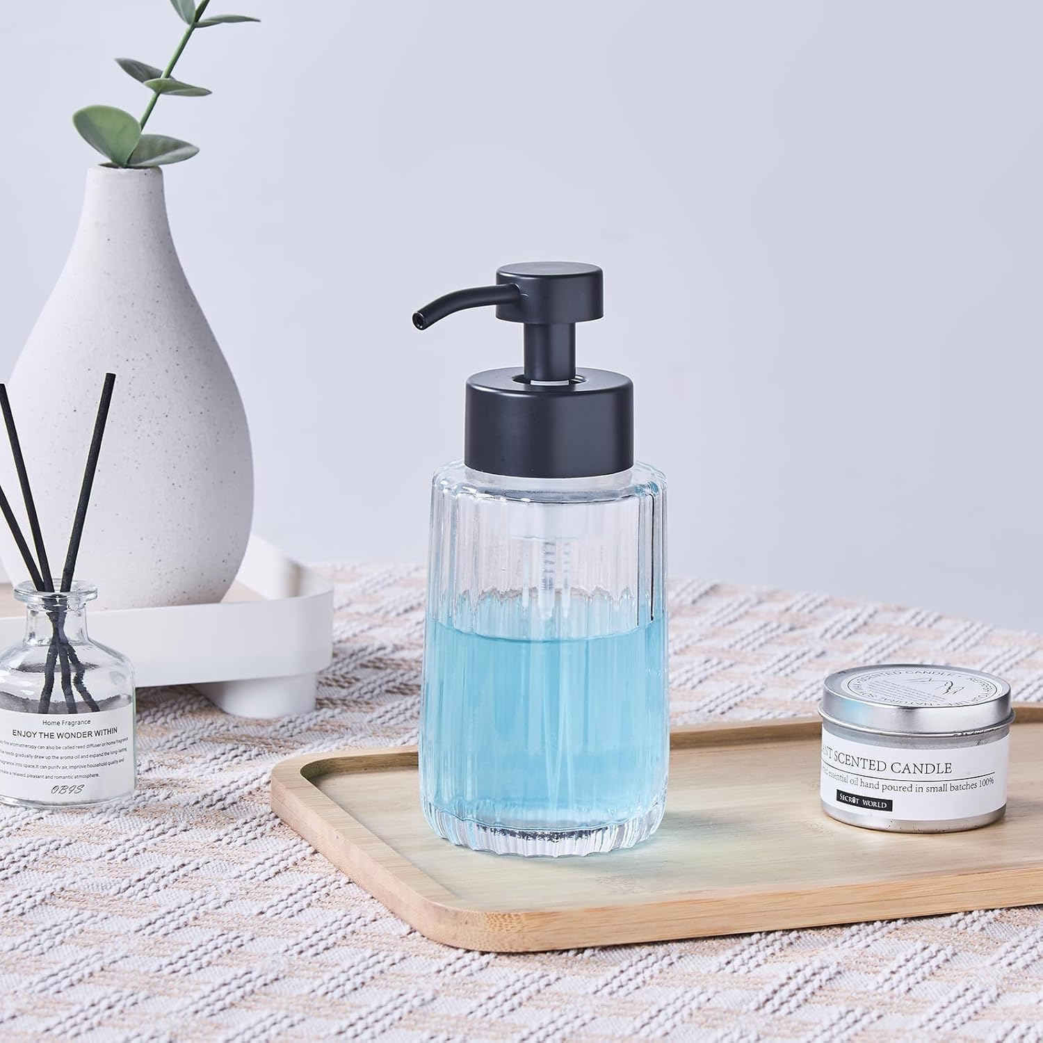 Ekirlin Foaming Glass Soap Dispenser with Rust Proof Stainless Steel Pump, 12 OZ Refillable Kitchen Soap Dispenser with Vertical Stripe, Hand soap Dispenser for Dish Soap, Bathroom Soap (Clear) - Image 4