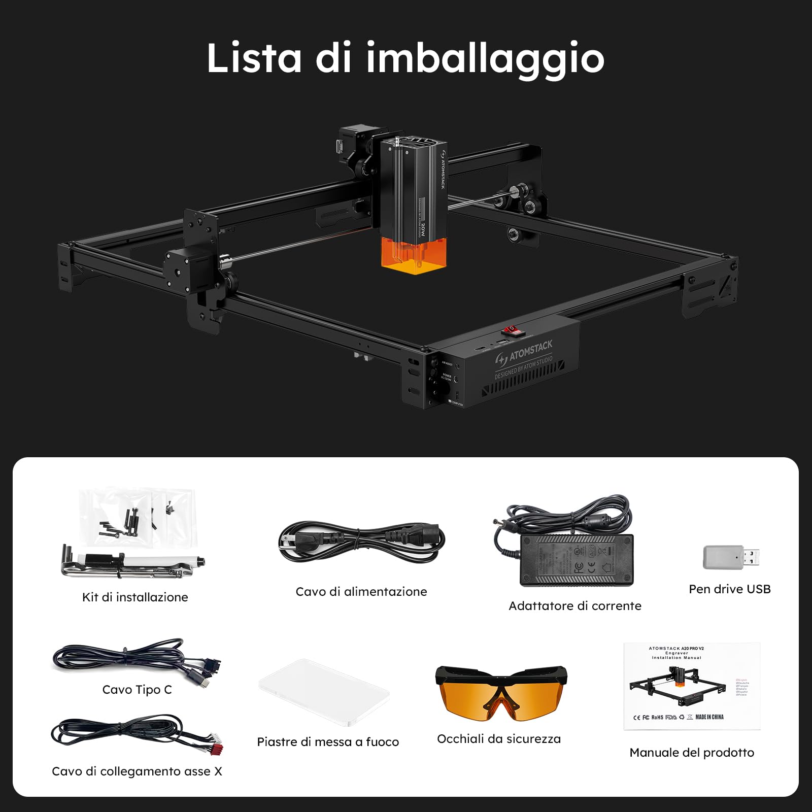 ATOMSTACK SWIFT A20 PRO V2 20W Incisore Laser Area di Incisione: 410 × 380 mm Taglierina Laser Ad Alta Precisione Per Regali Personalizzati Legno Metallo Acrilico Pelle (SWIFT A20 PRO V2 20W Nero)