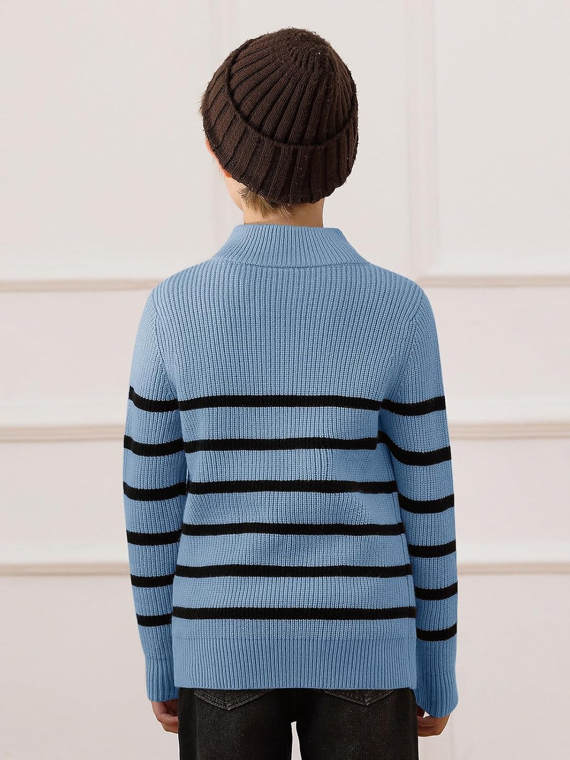 Haloumoning Boys Striped Quarter Zip Sweater Kids Fashion Long Sleeve Knit Pullover Sweaters Tops 5-14 Years