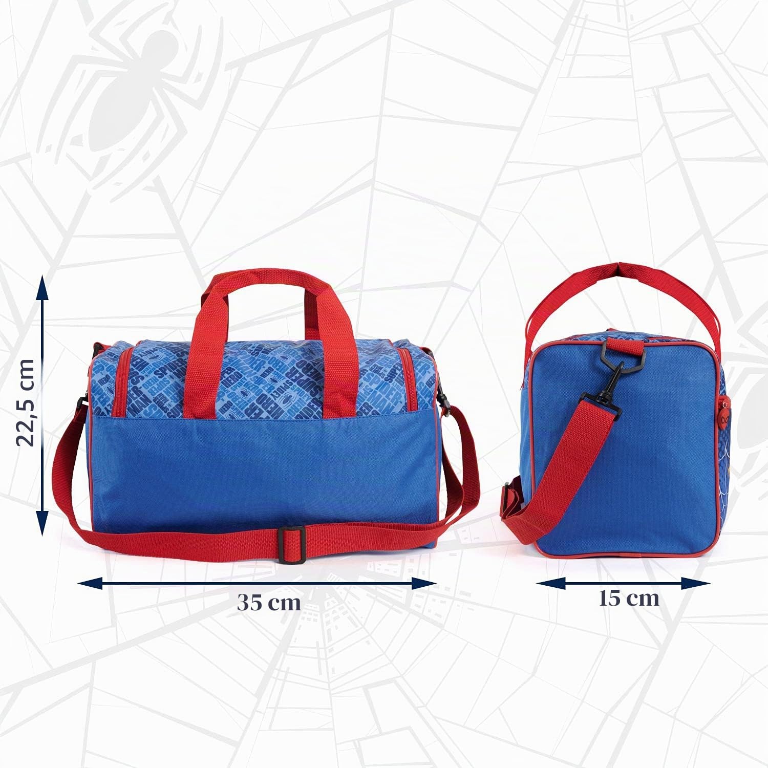Sac de Sport Homme Araignée Bleu et Rouge pour Enfant - Marvel Spiderman Sac de Voyage à Bandoulière avec Poche Avant - Sac de Gym Spider Man pour Garçon - 35x22.5x15 cm - Perletti