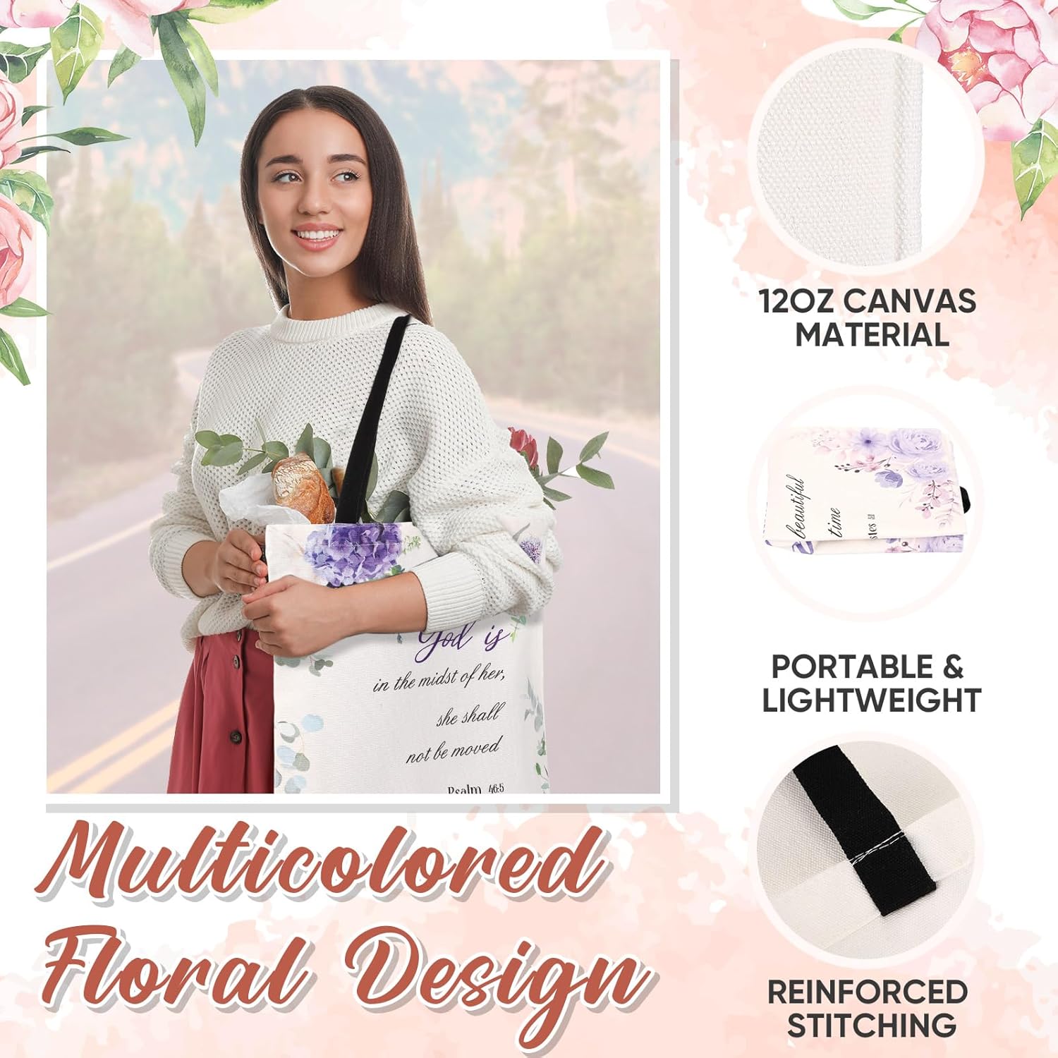 12 Pcs Christian Gift Bible Tote Bags for Women Christian Makeup Bags Bulk Inspirational Religious Floral Canvas Church Bag Reusable Bible Verse Toiletry Pouch for Women Travel Gift - Image 2