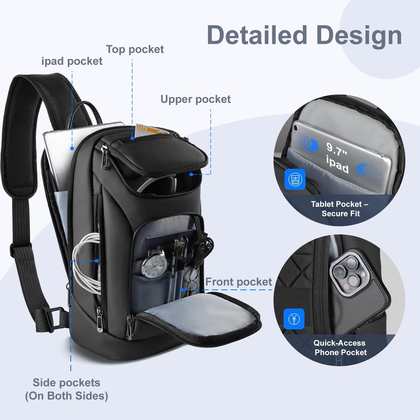 hk Bolso Bandolera Hombre Impermeable, Mochila Bandolera Cruzada 11,3 pulgadas, Bolso Pecho Compacto para Trabajo, Viaje, Oficina, Deporte y Uso Diario