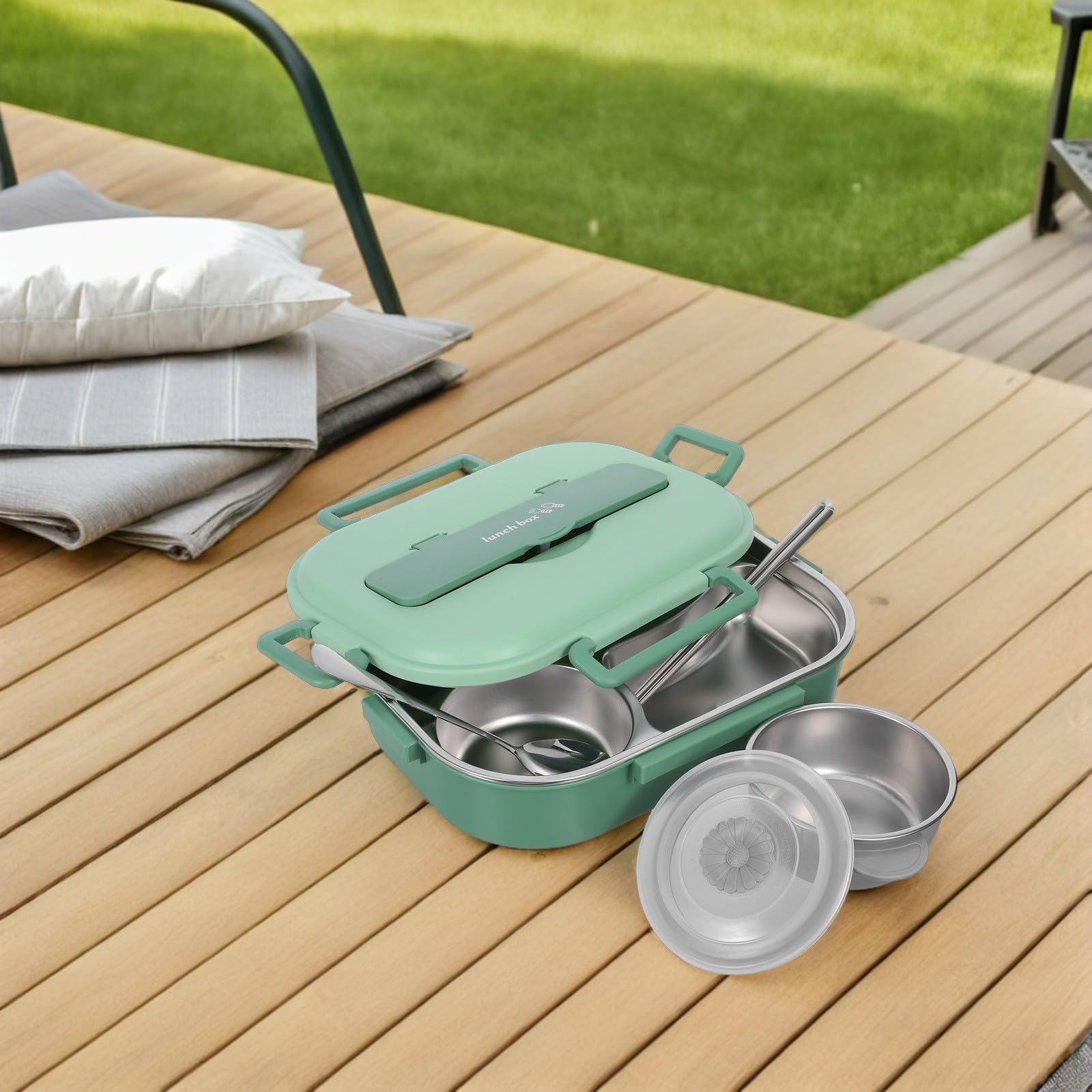 Contenitore Pranzo in Acciaio Inox 1500ml con Coperchio Verde | 4 Scomparti, Set da 1 Pezzo, Portavivande per Ufficio e Uscite Lunghe, Pulizia Semplice