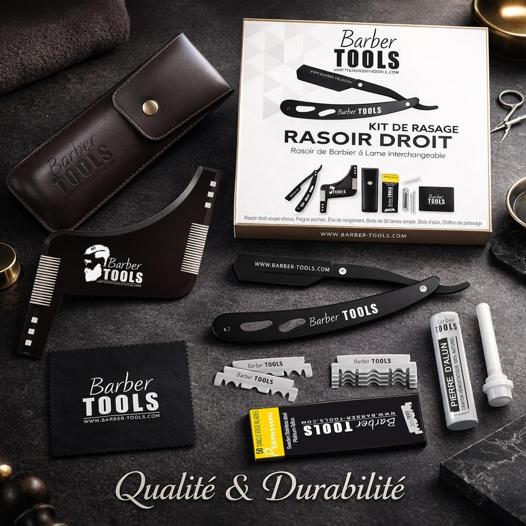 Kit da rasatura uomo - Rasoio per barba uomo/taglio a mano per barba - con 50 Lame Singole + Panno + Stick di allume + Custodia per la conservazione + Pettine guida per rasatura -NERO- BARBER TOOLS