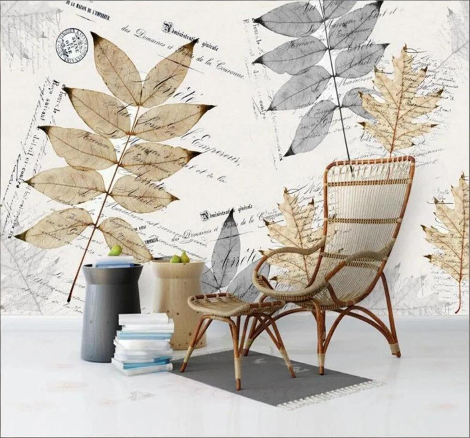 Xlming 430Cm×300Cm(B×H) Art Hand Drawn Leaves Textures Letters 3D Wallpaper Silky Texture Home Study Office Grey Dining Room Sofa Bedroom Living Room Tv Backdrop-430Cm×300Cm