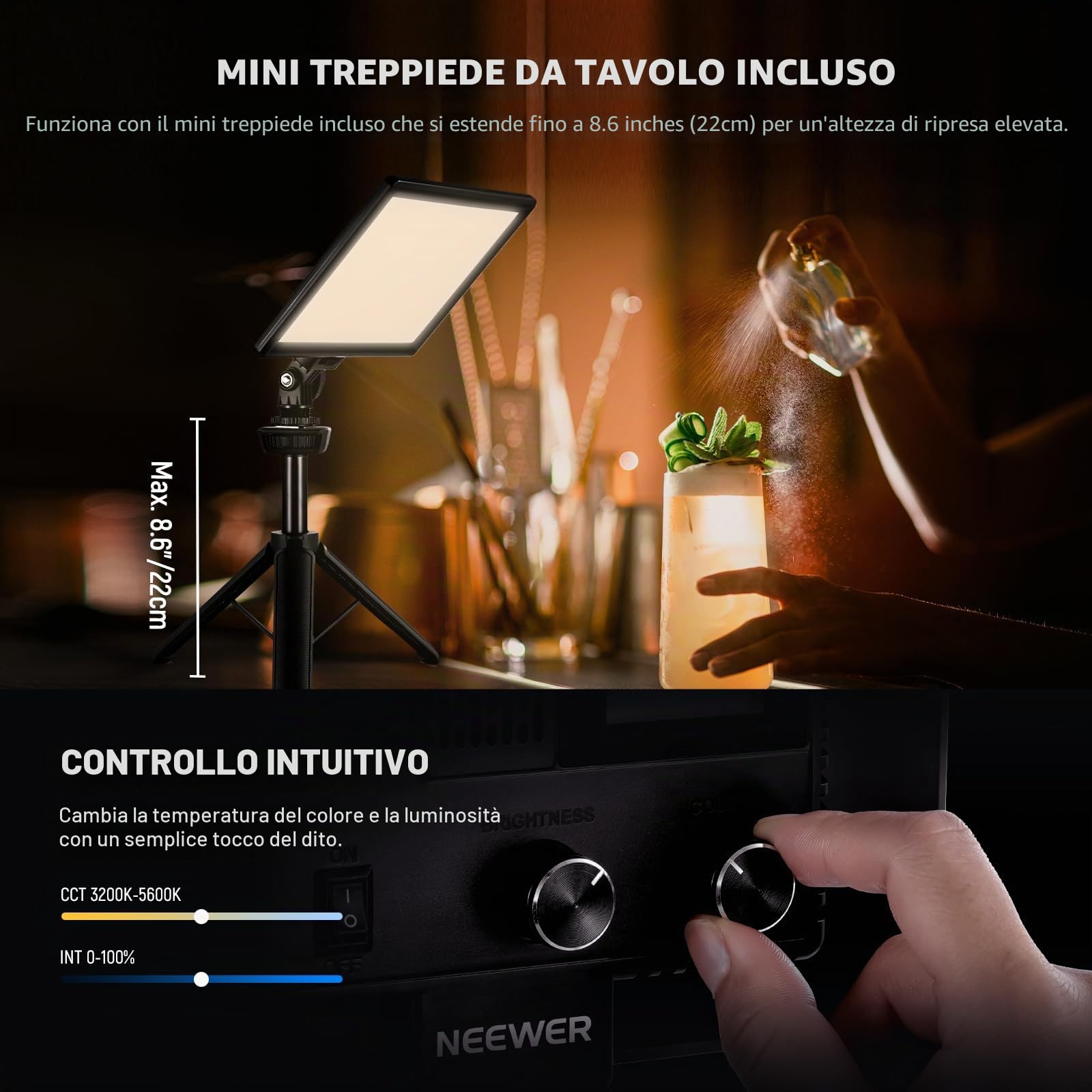 NEEWER 9" Pannello Luce LED, luci soffusa dimmerabile per fotocamera DSLR con mini treppiede, batteria 4000mAh, porte USB tipo C, 3200K~5600K CRI95+ 600Lux per fotografia, video, streaming, NL-116AI