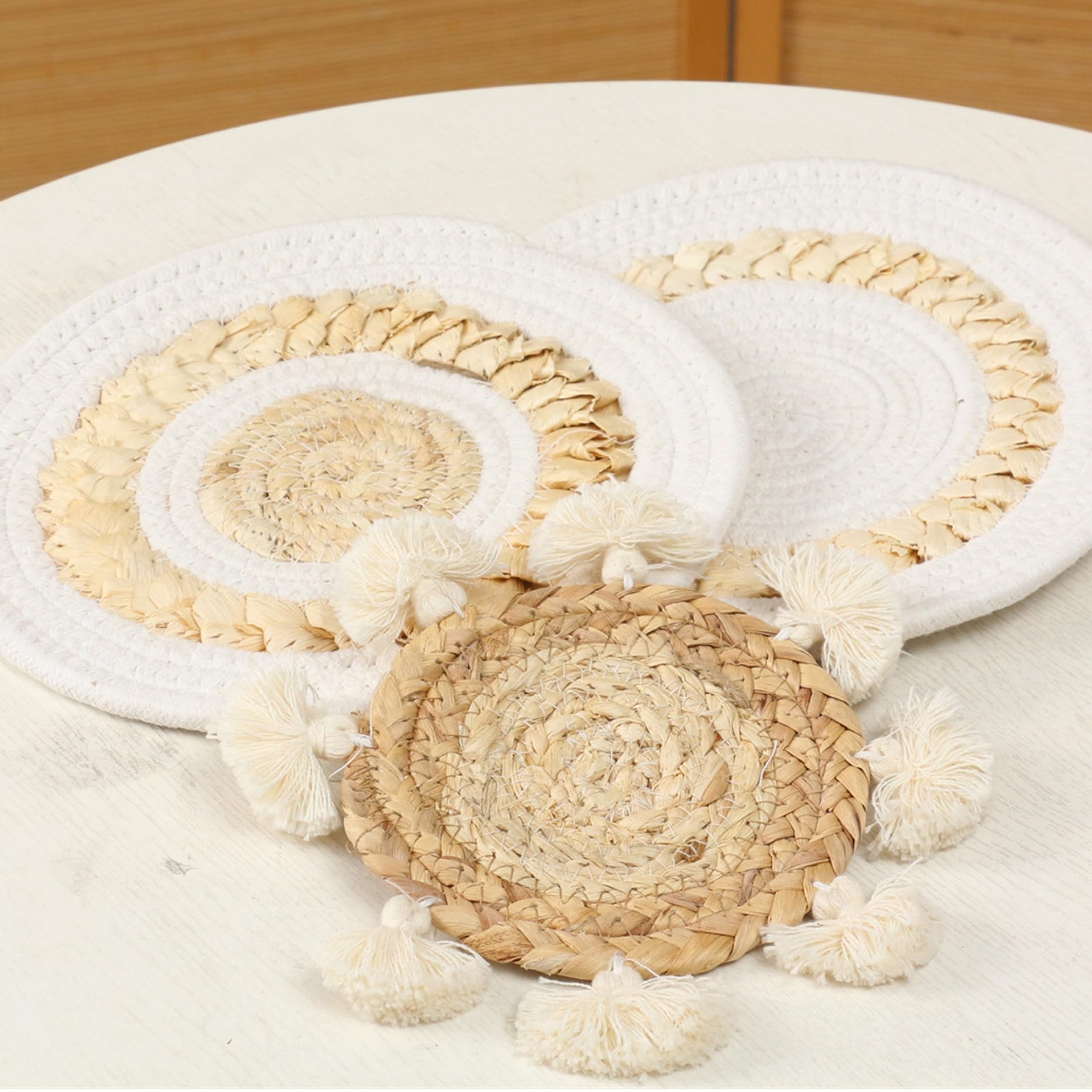 9 piezas decoración de pared boho, decoración de la pared de cocina tejida colgante, boho macrame pared colgando rústico redondo redondo plano marina marina de mimbre de mimbre para la sala de e