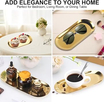 2 Pcs Gold Decorative Trays, Stainless Steel Oval Trinket Dishes; Small Rust Resistant Serving Trays for Jewellery, Candle, Key Storage for Bedroom Bathroom Coffee Table