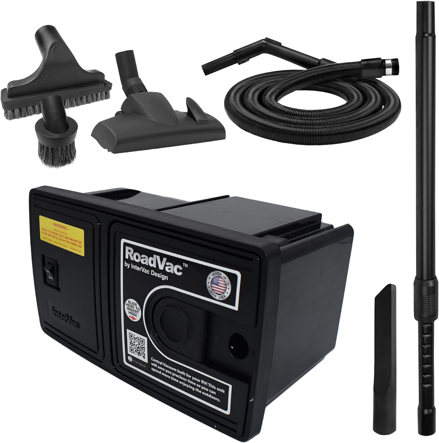 RV Central Vacuum System – Compact Wall-Mount Unit w/ 35' Stretch Hose & Tools – HEPA-Type Filtration for RVs, Boats, Tiny Homes