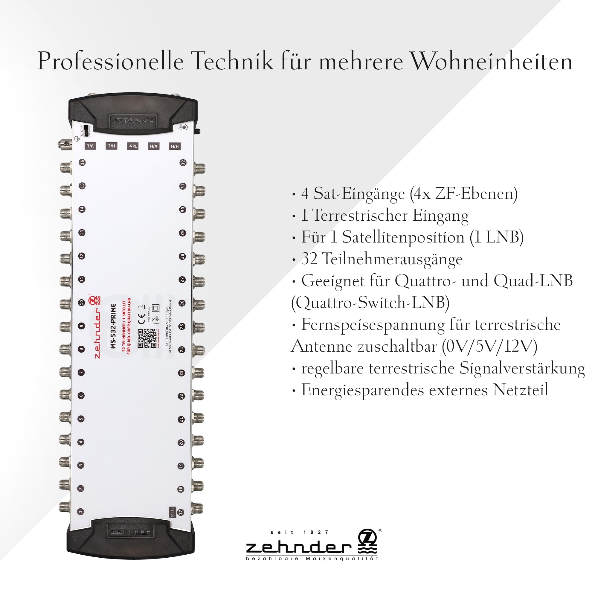 ZEHNDER 5/32 - Multiconmutador ZEHNDER 5/32 para LNB Quattro y Quad LNB, multiswitch para 1 satélite y 32 participantes (TV, receptor de satélite), 4K Digital Matrix Sat Distribuidor de antena de