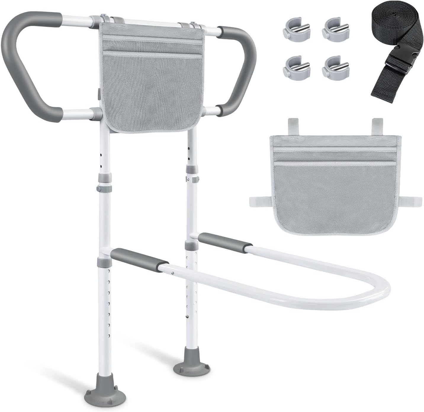 Bed Rails for Elderly Adults Safety: Adjustable Bedside Assist Rails with Storage Pockets, Non-Slip Handles, Sensor Night Light, 400LB Gravity Capacity