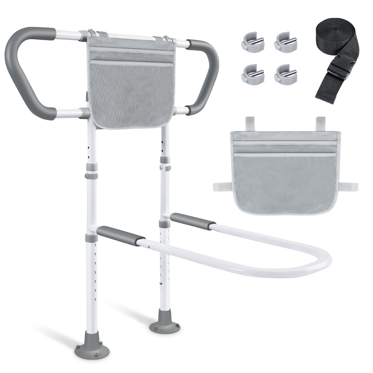 Bed Rails for Elderly Adults Safety: Adjustable Bedside Assist Rails with Storage Pockets, Non-Slip Handles, Sensor Night Light, 400LB Gravity Capacity