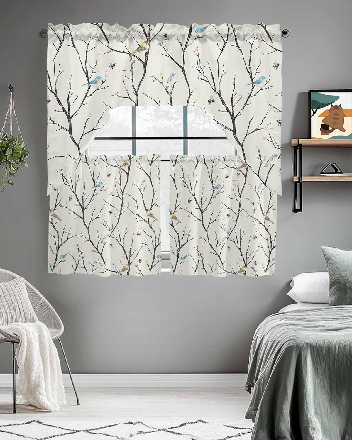 Swag Kitchen Curtains and Valances Set Bird Swag Curtain Valances and Tier Set Vintage Floral Tree Branch Rod Pocket Curtain Drapes for Kitchen Living Room Bedroom Window Treatment 56"x36"+27.5"x36"