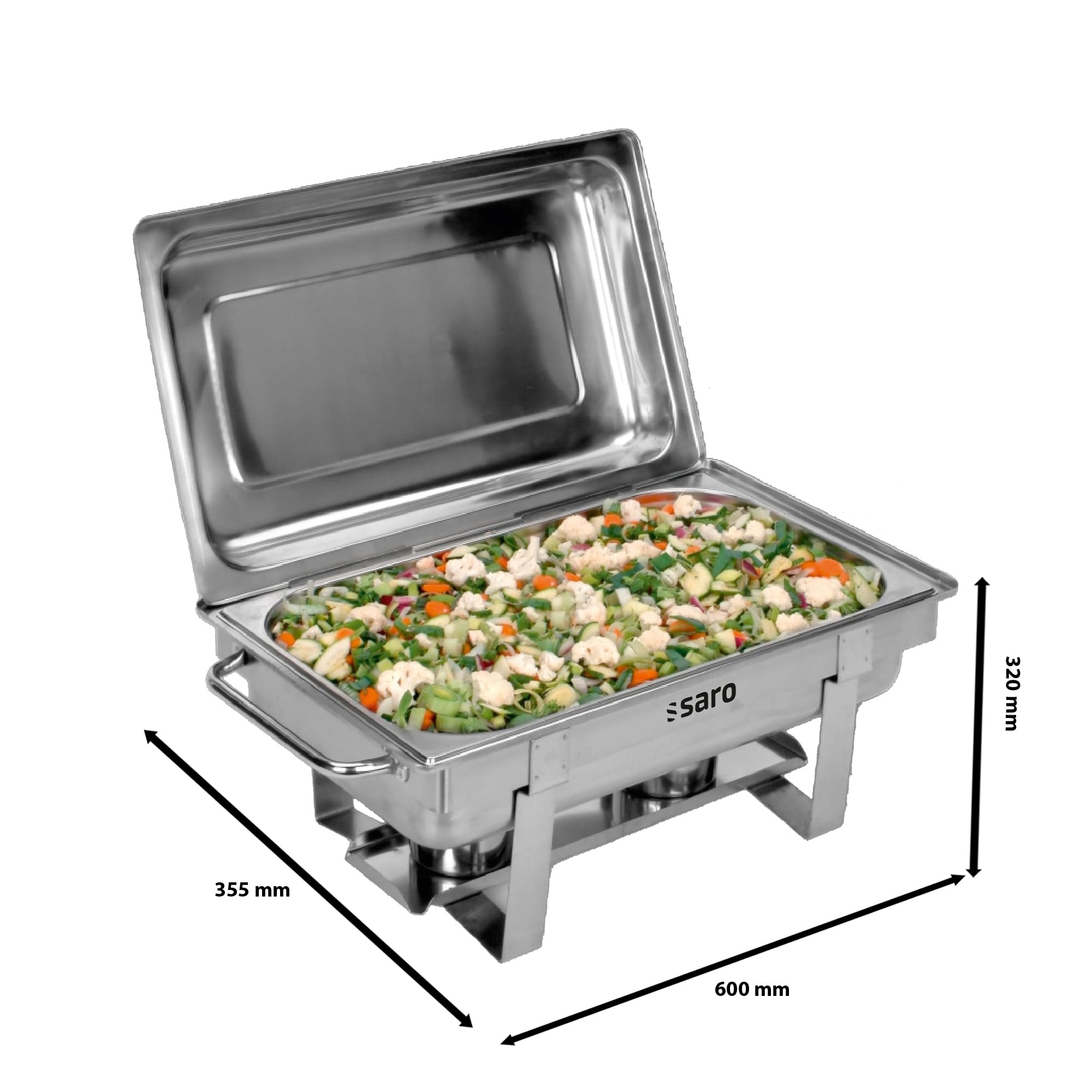 SARO ANOUK 1 - Chafing Dish per GN 1/1, con contenitore GN, profondità da 65 mm, in acciaio inox, con coperchio e supporto per coperchio, 2 supporti per pasta combustibile, profondità GN max. 100 mm
