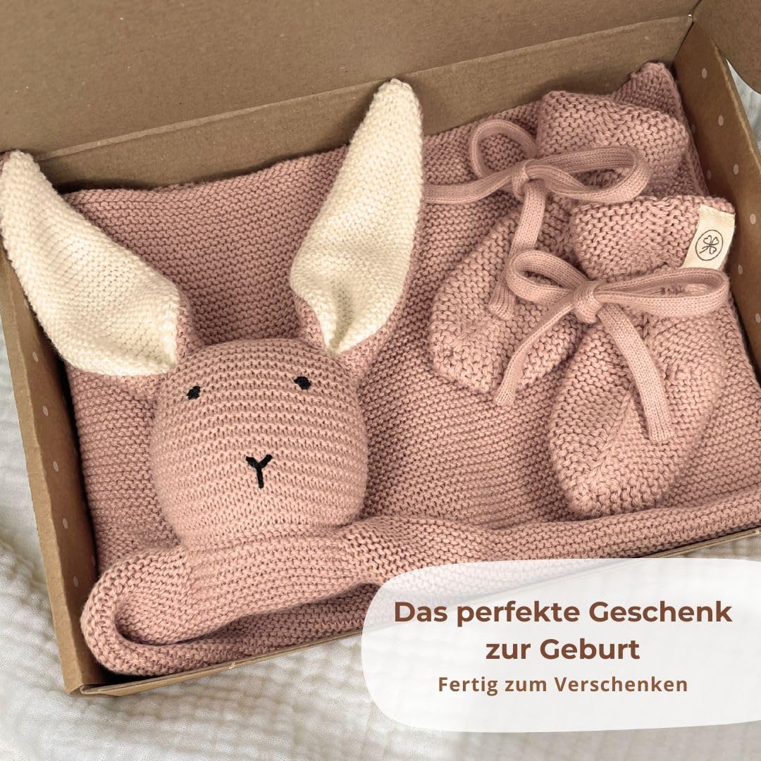 DIKOS Premium Geschenk zur Geburt – Baby Geschenkset mit Kuscheltuch Schmuse-Hase (40x40 cm) & Baby Söckchen aus weicher Bio-Baumwolle – Schmusetuch für Neugeborene Jungen & Mädchen – Oeko-Tex 100