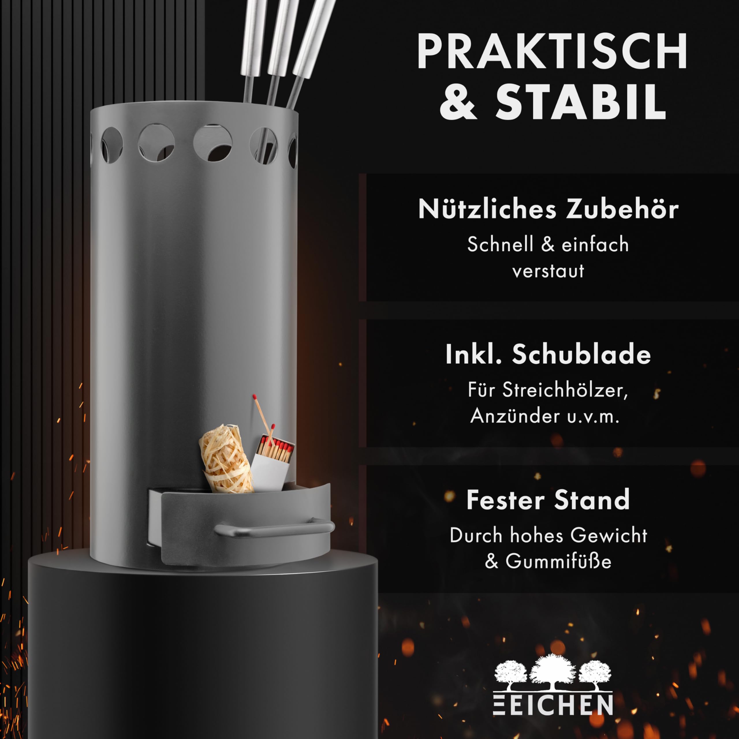 Kaminbesteck grau mit Schublade. 3-teilige Kamingarnitur mit Schürhaken, Ascheschaufel und Kaminbesen. Modernes Design. Ofenbesteck inkl. Ofen Zubehör. Kaminofen Zubehör. Kamin | Drei Eichen