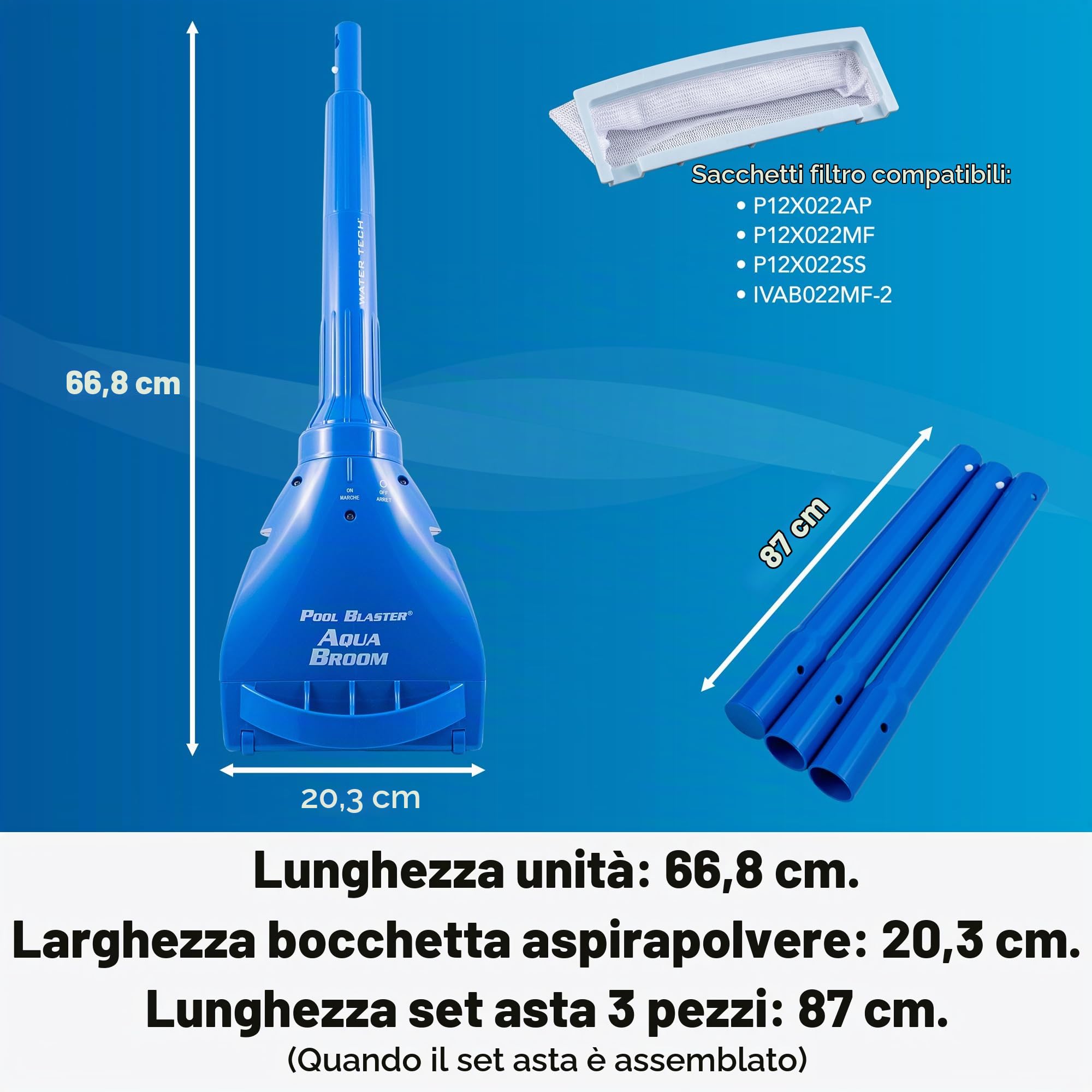 Water Tech Pool Blaster Aqua Broom Xl Ultra Pool Vacuum Cleaner, Aspirapolvere Per Piscine Con Ventosa Xl, Aspirapolvere Portatile Per Piscine E Spa Con Testa Aspirante Di 22 Cm Di Larghezza