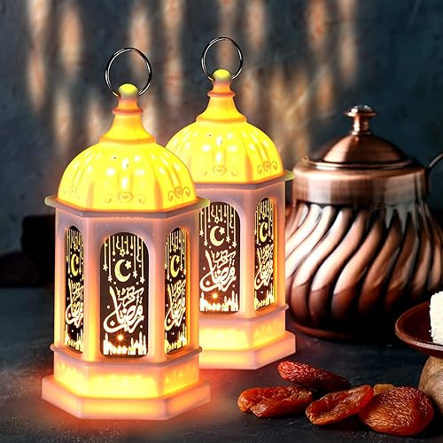 Miniatura 7 de Threan 6 faroles de Ramadán con luces LED mini Eid Mubarak, decoraciones de Ramadán para el hogar, mesa, pared, centros de mesa y decoración