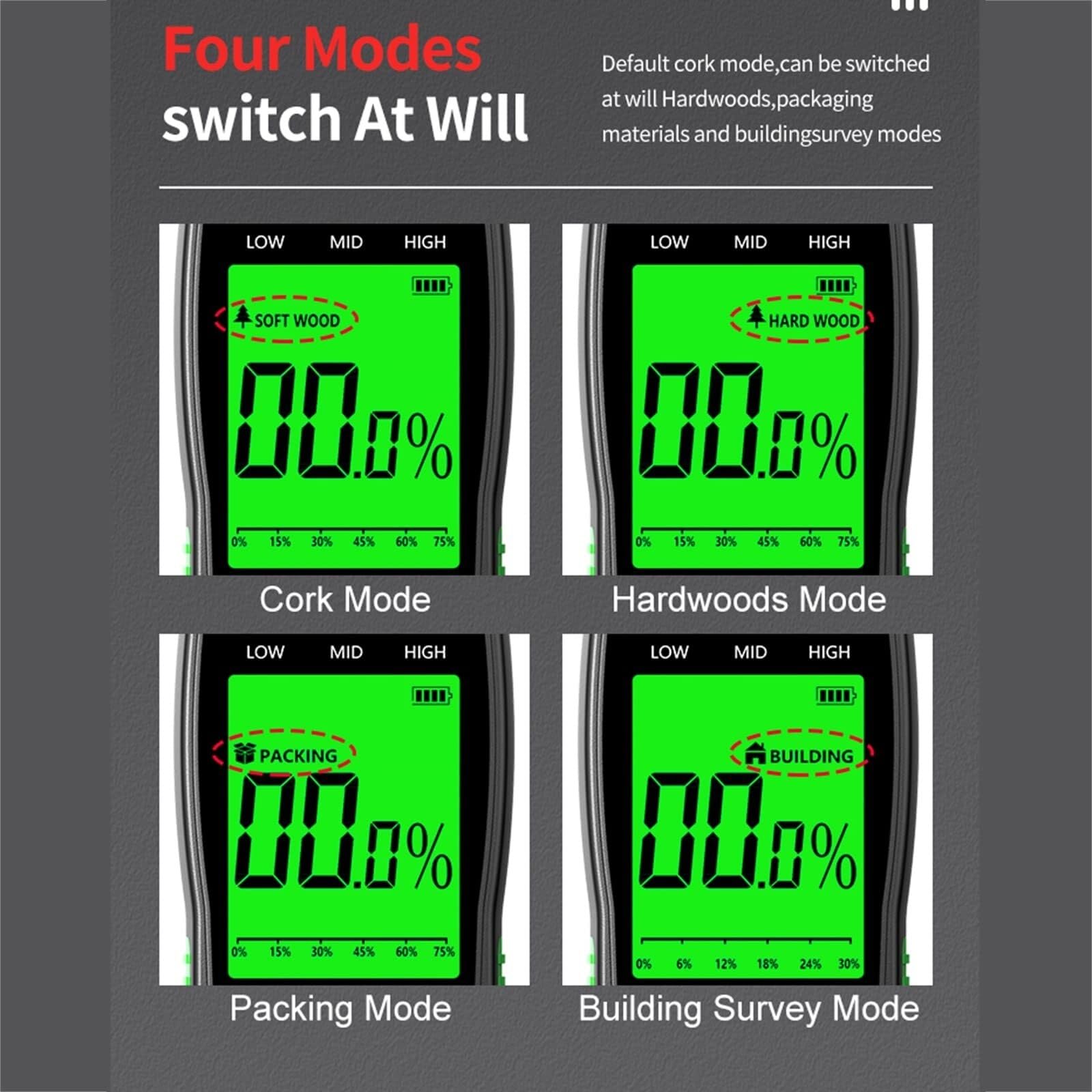 Mierniki wilgotności drewna, miernik drewna/ścian/materiałów budowlanych z 4 trybami pracy, cyfrowy czujnik ścian wyświetlaczem LCD HD, tester opałowego