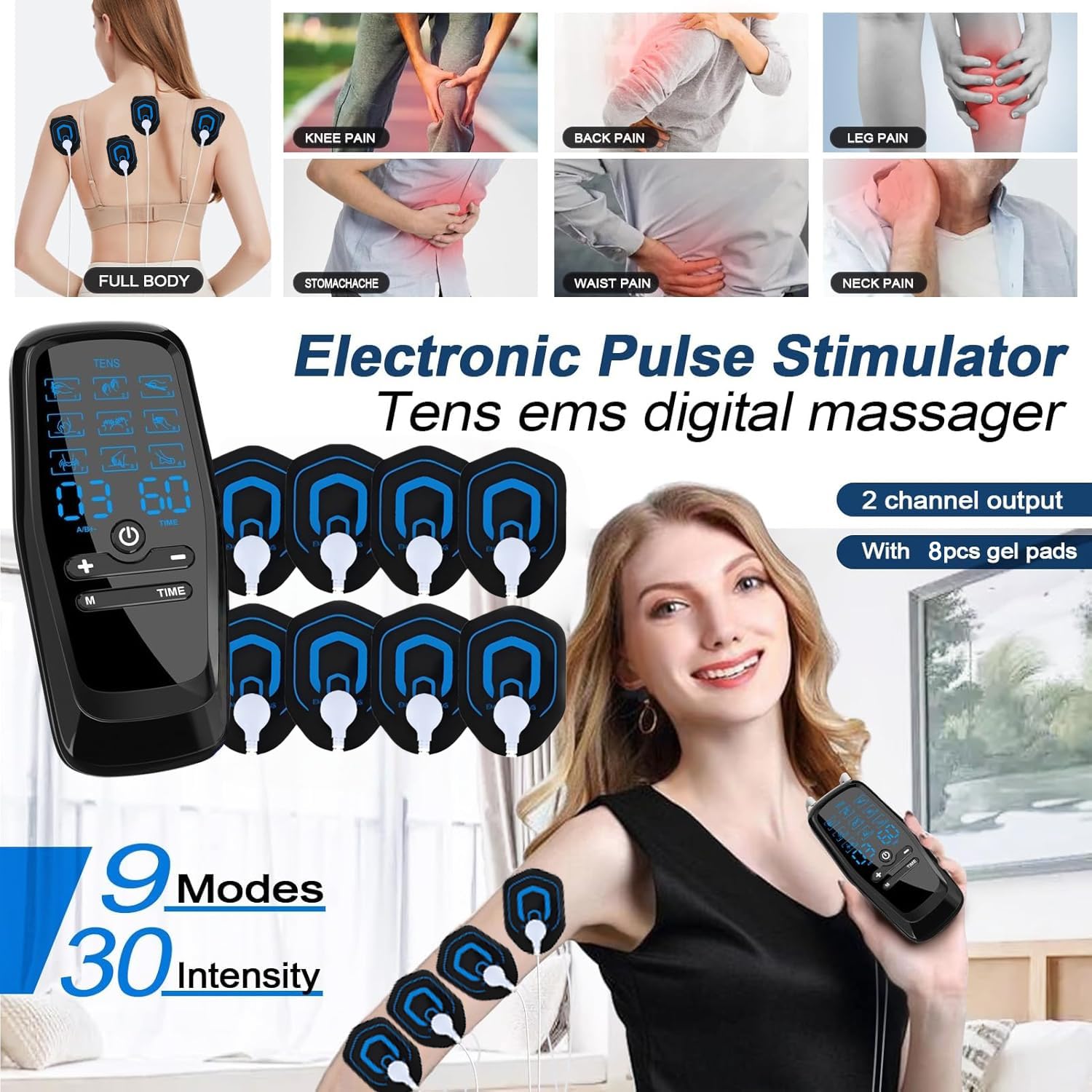 3 EN 1 TENS EMS Électrostimulateur Musculaire pour le soulagement de la douleur, la stimulation musculaire, avec 30 Intensités et 27 Modes, 2 Canaux Indépendant & 8 électrodes