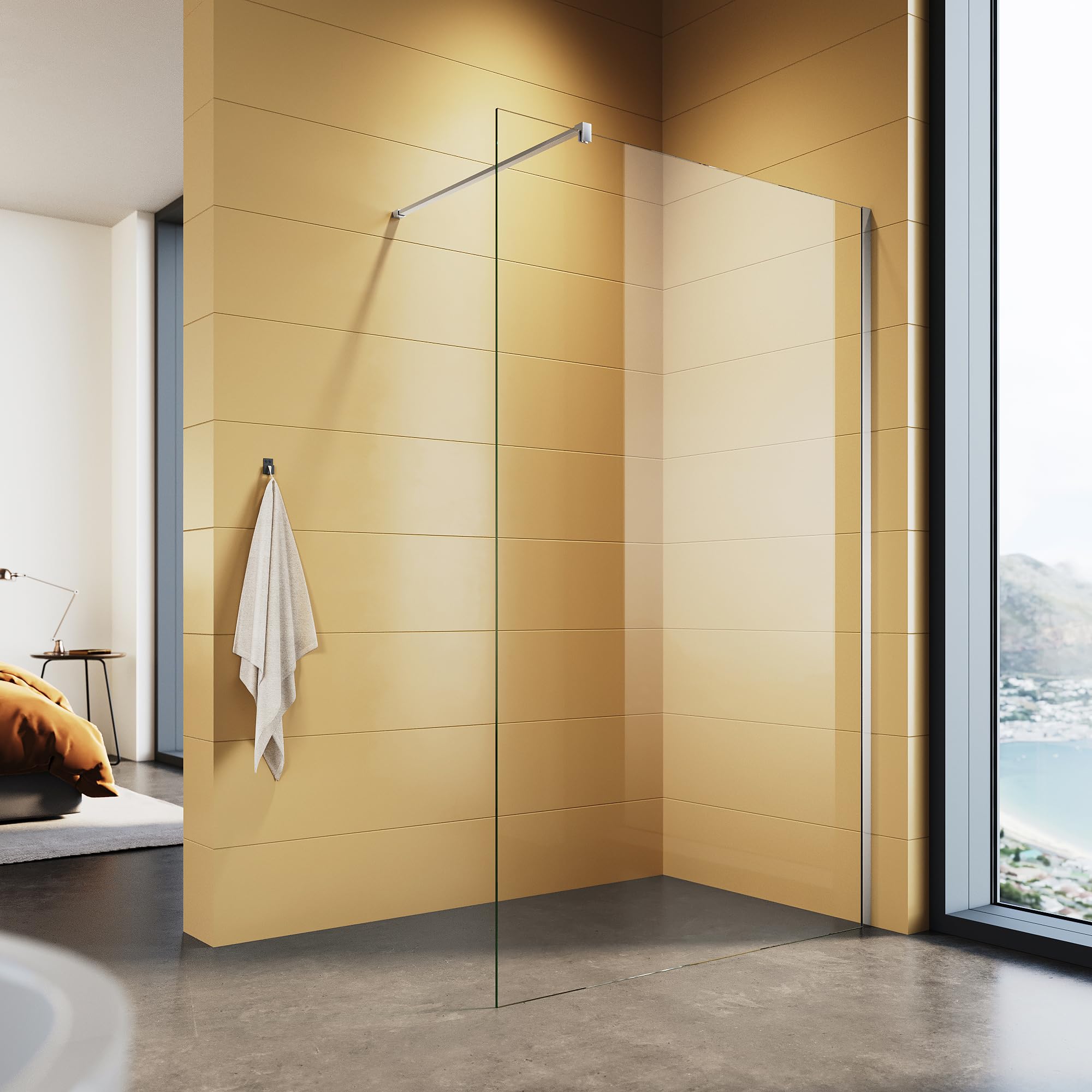 Walk In Duschtrennwand 110x200cm Duschwand 8mm ESG Glas mit Nano einfach-Reinigung Beschichtung, ausgestattet mit einer festen Haltestange Walk In Duschwand für Badezimmer