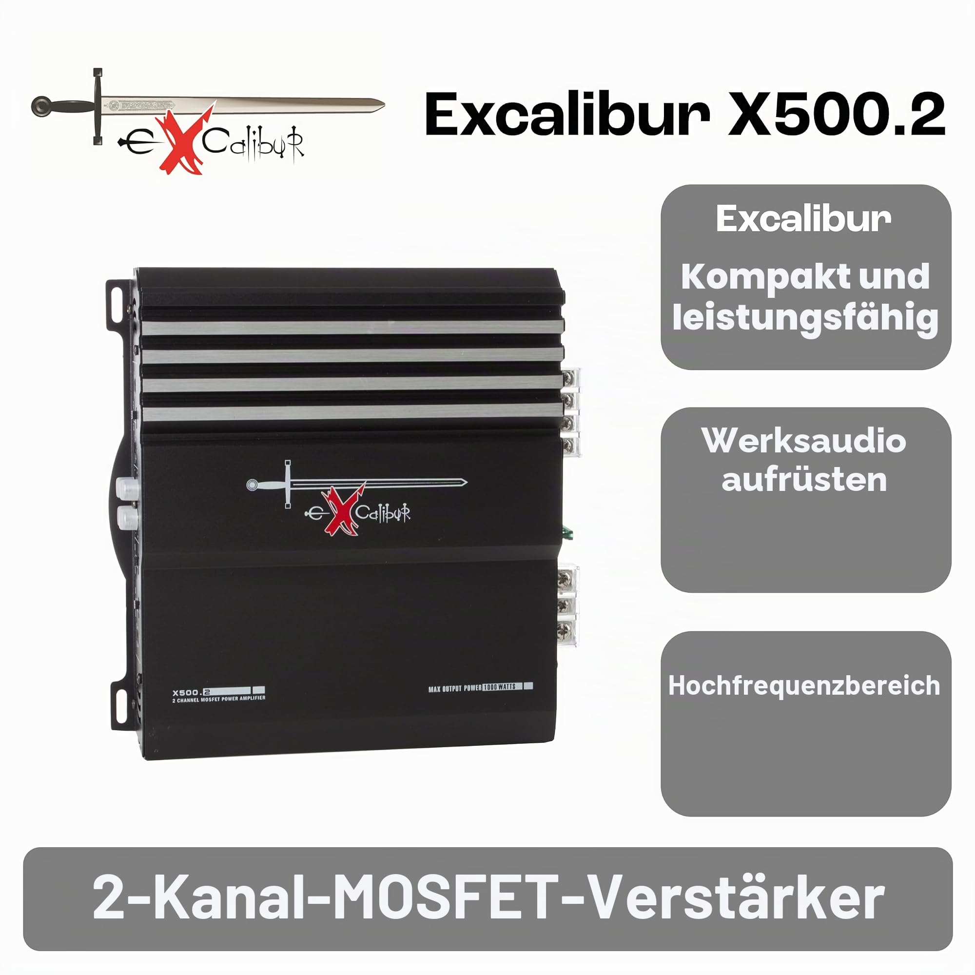 Excalibur X500.2 2-Kanal MOSFET Auto Verstärker Endstufe mit 1000W Maximalleistung 50W RMS und flexibler 1-4 Ohm Impedanz für ein kompaktes und leistungsstarkes Upgrade der Kfz-Audioanlage