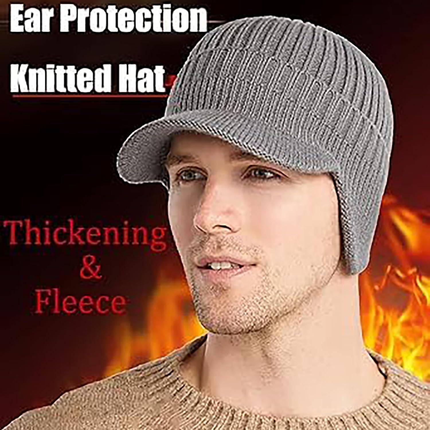 Winter Hat with Ear Flaps, Beanie with Brim, 3 in 1 Beanie Hat, Elastic Warm Ear Protection Knitted Hat