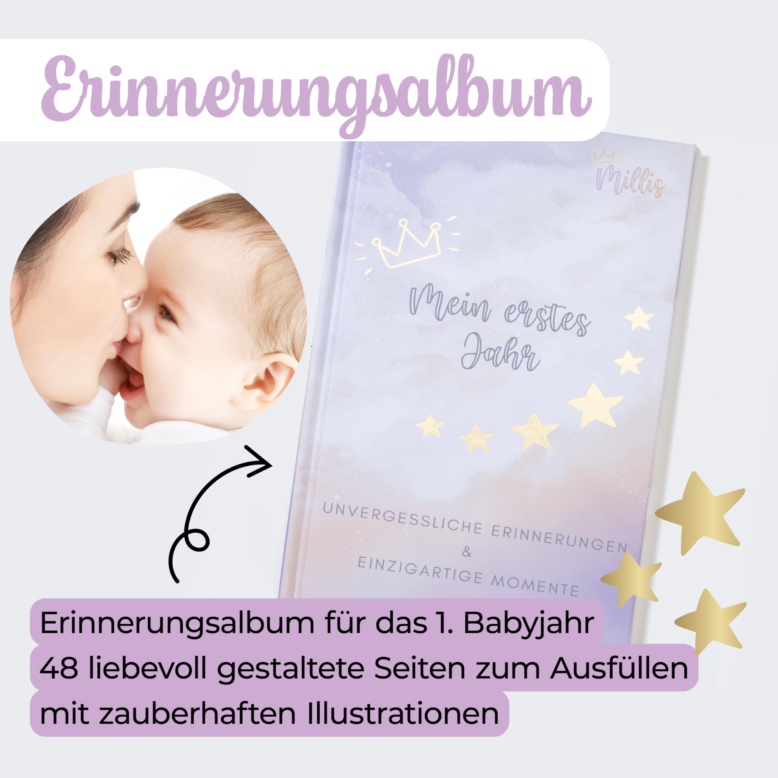 Millis Coffret cadeau bébé 8 pièces avec produits | Cartes de jalons, lingettes humides en bambou Millis & lingettes magiques Millis Bavoir Album de souvenirs, livre de contes de fées, sac à langer et