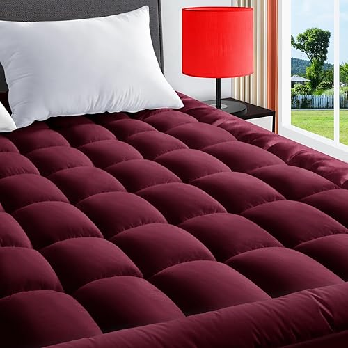 California King Mattress Pad Quilted Fitted Mattress Cover Pillow Top Mattress Topper Breathable Mattress Protector with 8-21 Inch Deep Pocket,Burgandy