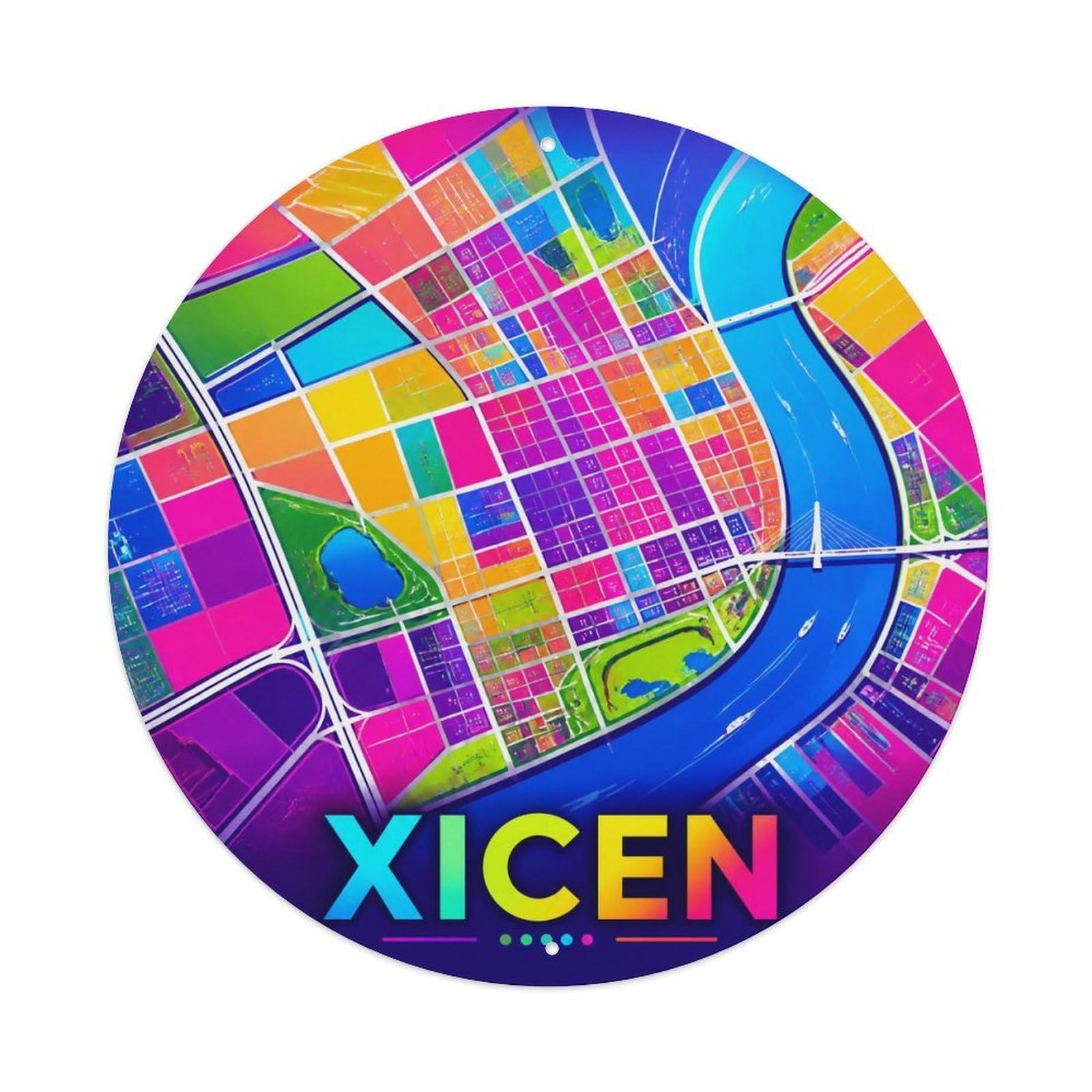 Okngb Style Shanghai Xicen District Travel Map Riverfront Detail Metal Tin Sign Plaque Wall Decor For Cafe, Man Cave, Club Bar, Office, Home Garden Round Metal Poster 8X8inch