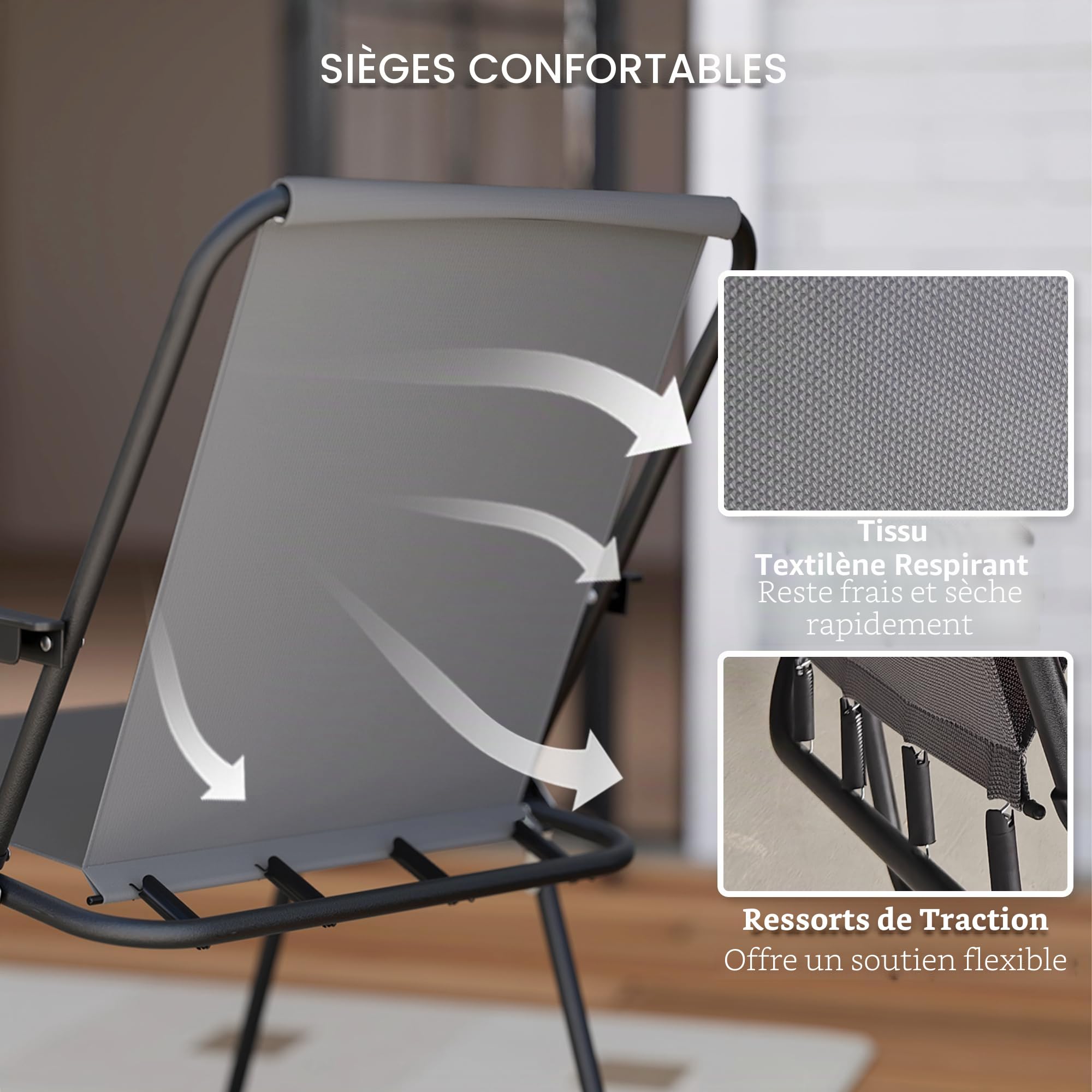 Outsunny Ensemble de Jardin de 6 Pièces avec Table et 4 Chaises Pliables en Textilene - Mobilier de Jardin Extérieur avec Table en Verre et Parasol pour Terrasse et Patio - Gris
