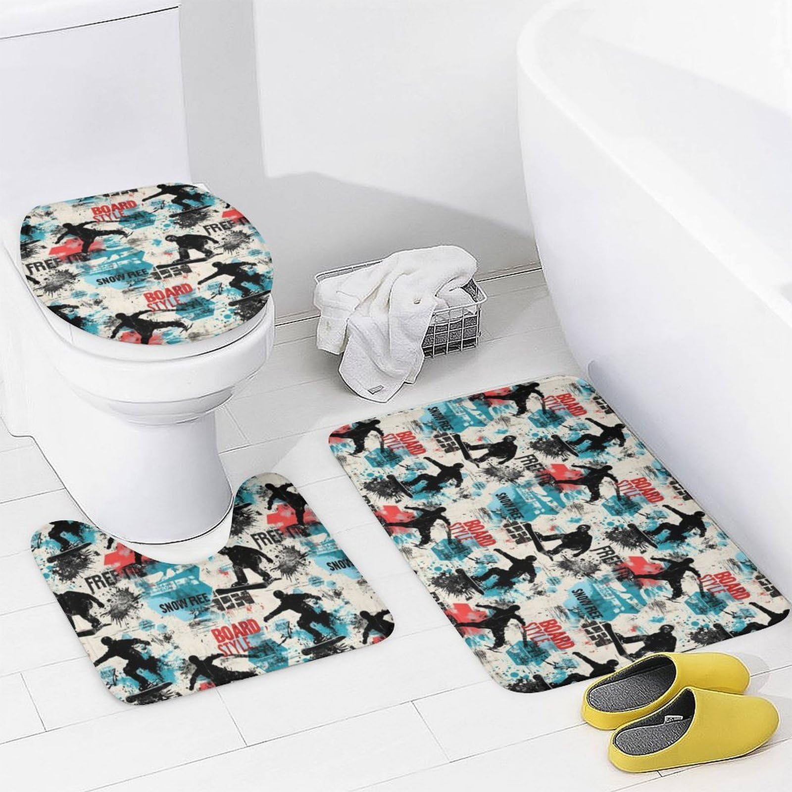 Ensemble de 4 pièces de salle de bain avec rideau de douche et tapis – Motif graffiti de ski moderne imprimé tapis de salle de bain Accessoires de décoration pour couvercle de toilette en forme de U