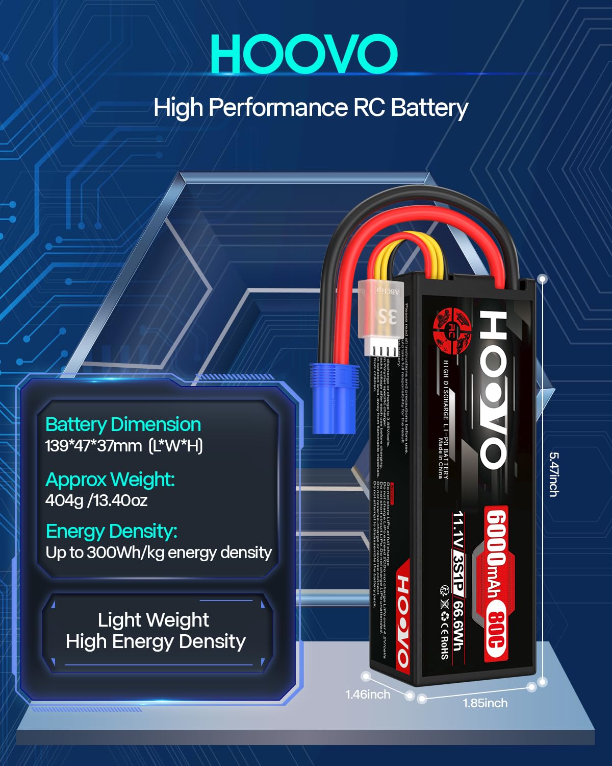 3S Lipo Akku 11.1V 6000mAh 80C Hard Case Lipo Batterien RC Battery mit EC5 Anschlussstecker HOOVO für RC 1/8 1/10 Scale Fahrzeuge Auto LKW Boote (2 Stück)