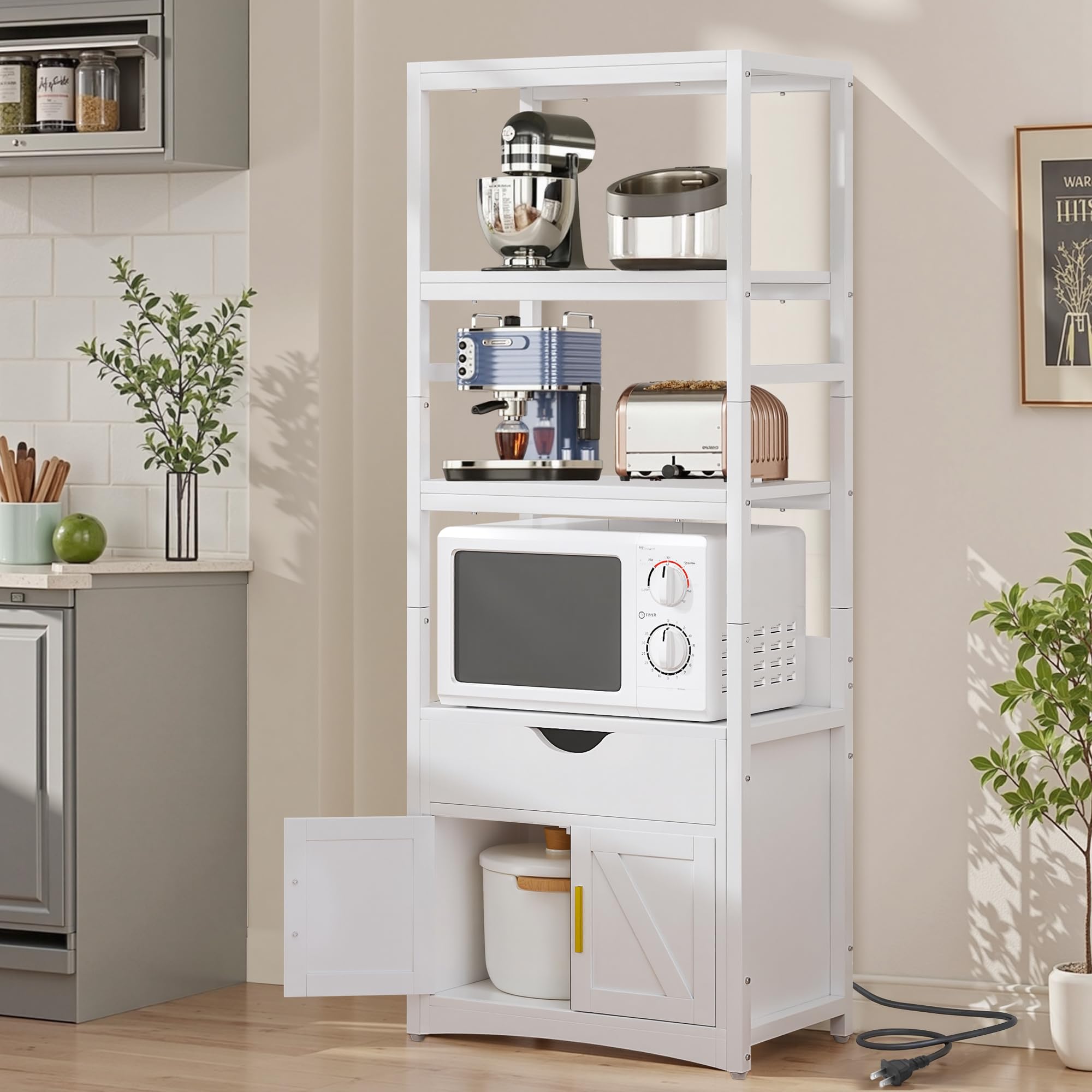 VECELO 3-Tier Microwave Stand Bakers Rack with Built-in Charging Station, Farmhouse Coffee Bar Cabinet with Drawer & Storage Shelves, Fits 1.0 Cu.Ft.