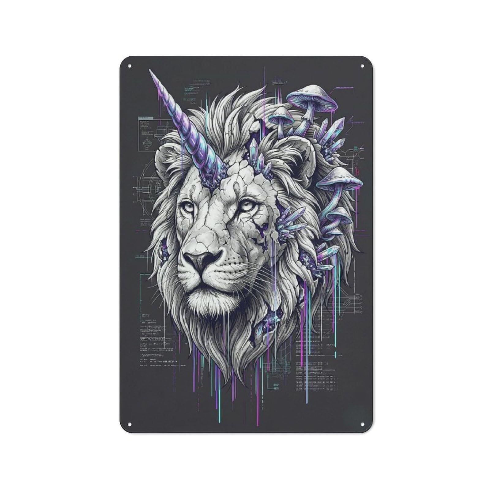Junmoney Style-20 Vintage Metal Plaque 30X20cm Featuring Lion Unicorn With Crystals And Mushrooms For Hallway Wall, For Wall Display Collectors