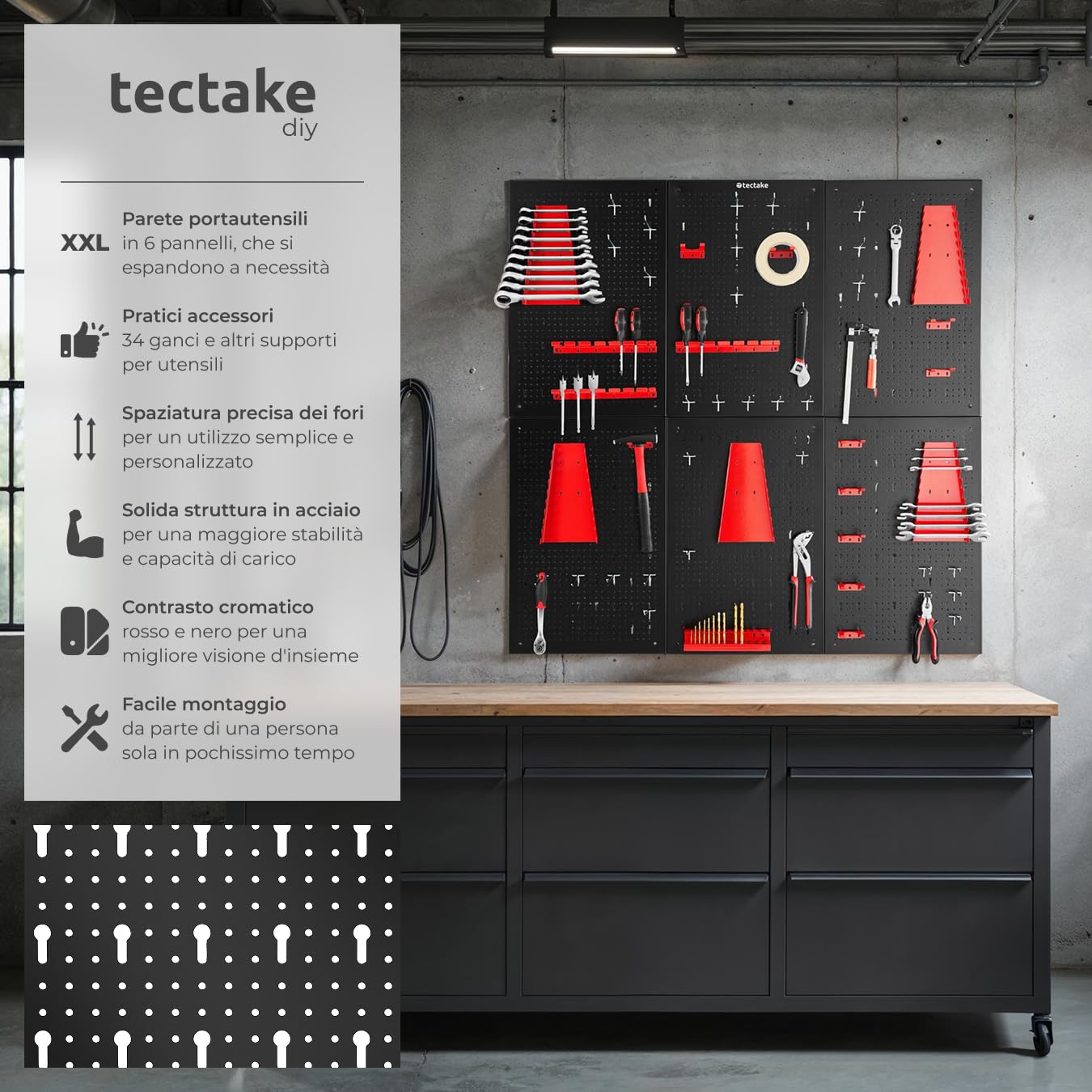 TecTake® Pannello Forato Portautensili, Pannello Portaoggetti con 6 Pannelli, 53 Ganci e Sostegni, Espandibile, Adattabile, Ideale per Garage e Officina, Pannello Porta attrezzi da Parete
