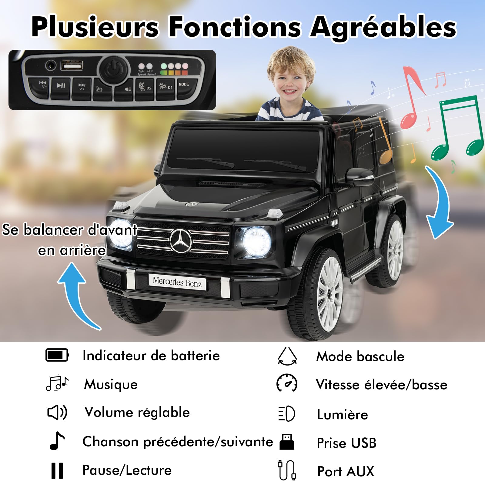 GOPLUS 12V Voiture Électrique Enfants Mercedes Benz G500, avec Télécommande 2,4G, Effets Sonores Lumineux & Klaxon, 3-6 kmh, Style Classique pour 3 Ans+, Charge 30kg (Noir)