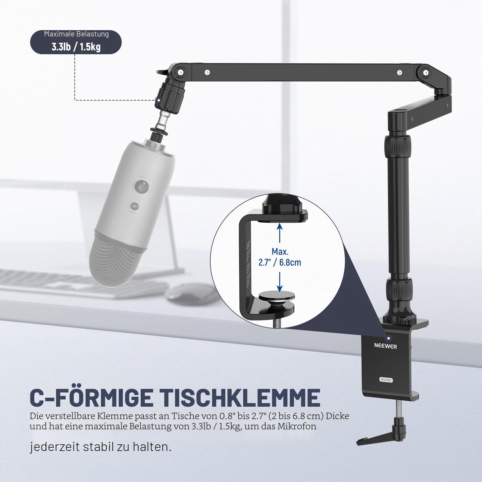 NEEWER Mikrofonarm Ständer, Niedriges Profil Mic Arm Tischhalterung mit Dämpfung, 360° drehbarer Boom Arm mit erhöhter Stange und Kabelmanagement Kanälen, für Podcast Gaming Streaming Anrufe, MST002