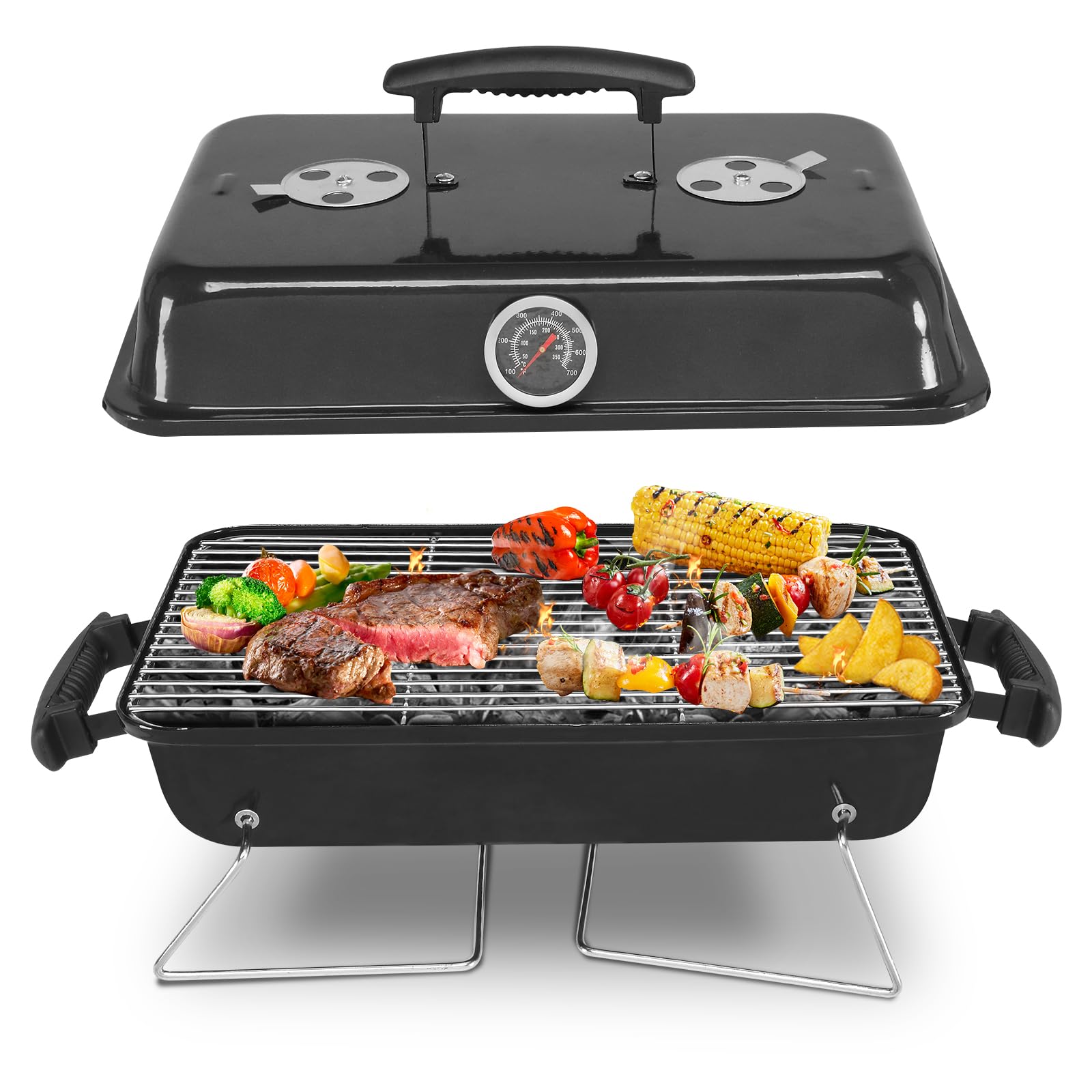 Portable Charcoal Grill, Tabletop Outdoor Barbecue Smoker, Small Folding BBQ Grill with Lid, Thermometer, Stainless Steel Legs for Camping Garden Party Picnic Cooking, Black — view 9