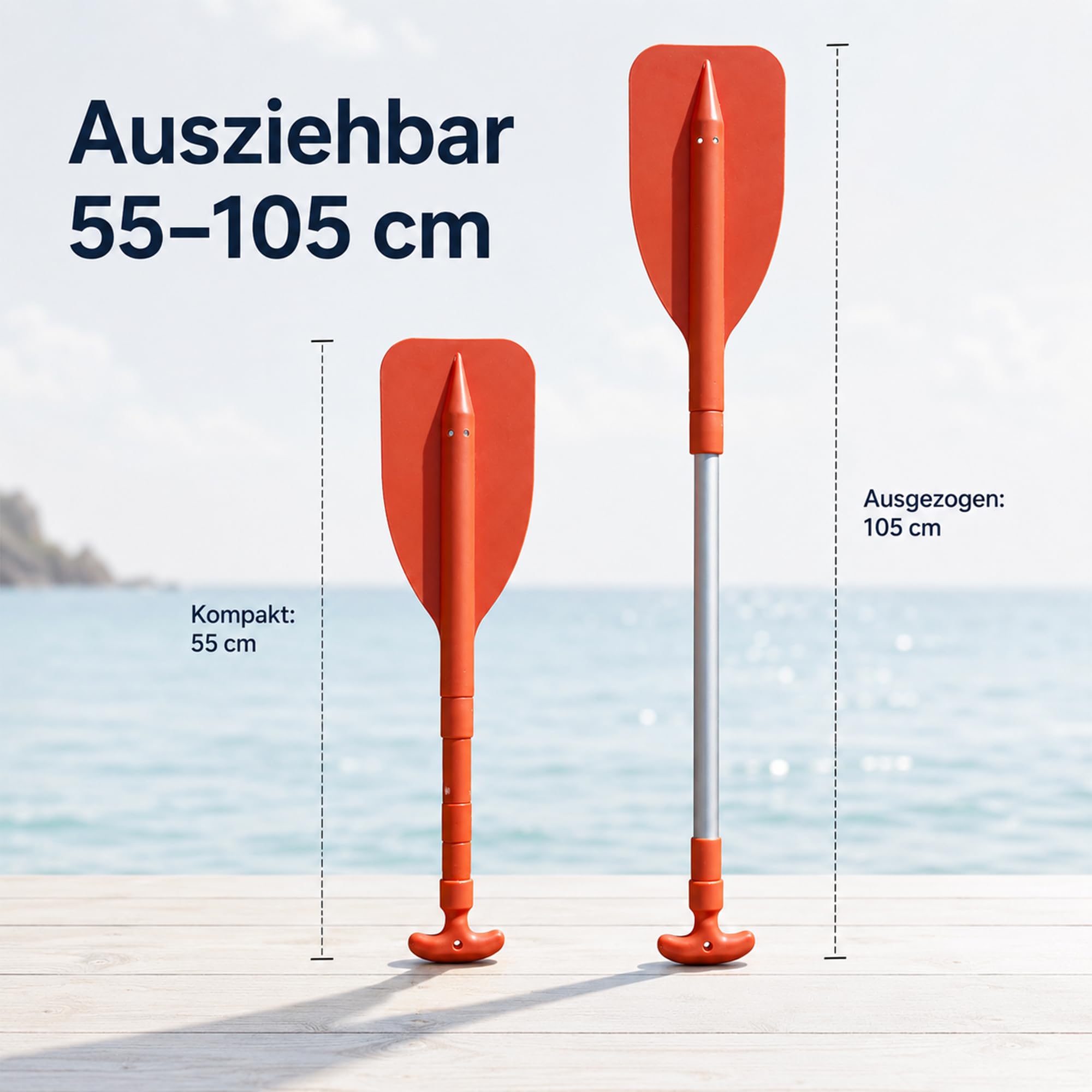 Navyline Teleskop Mini Paddel 55–105 cm ausziehbar Kajak Paddel | Schlauchboot Paddel | SUP Zubehör | T-Griff | Aluminiumschaft Ø25 mm | 500 g | Notfallpaddel