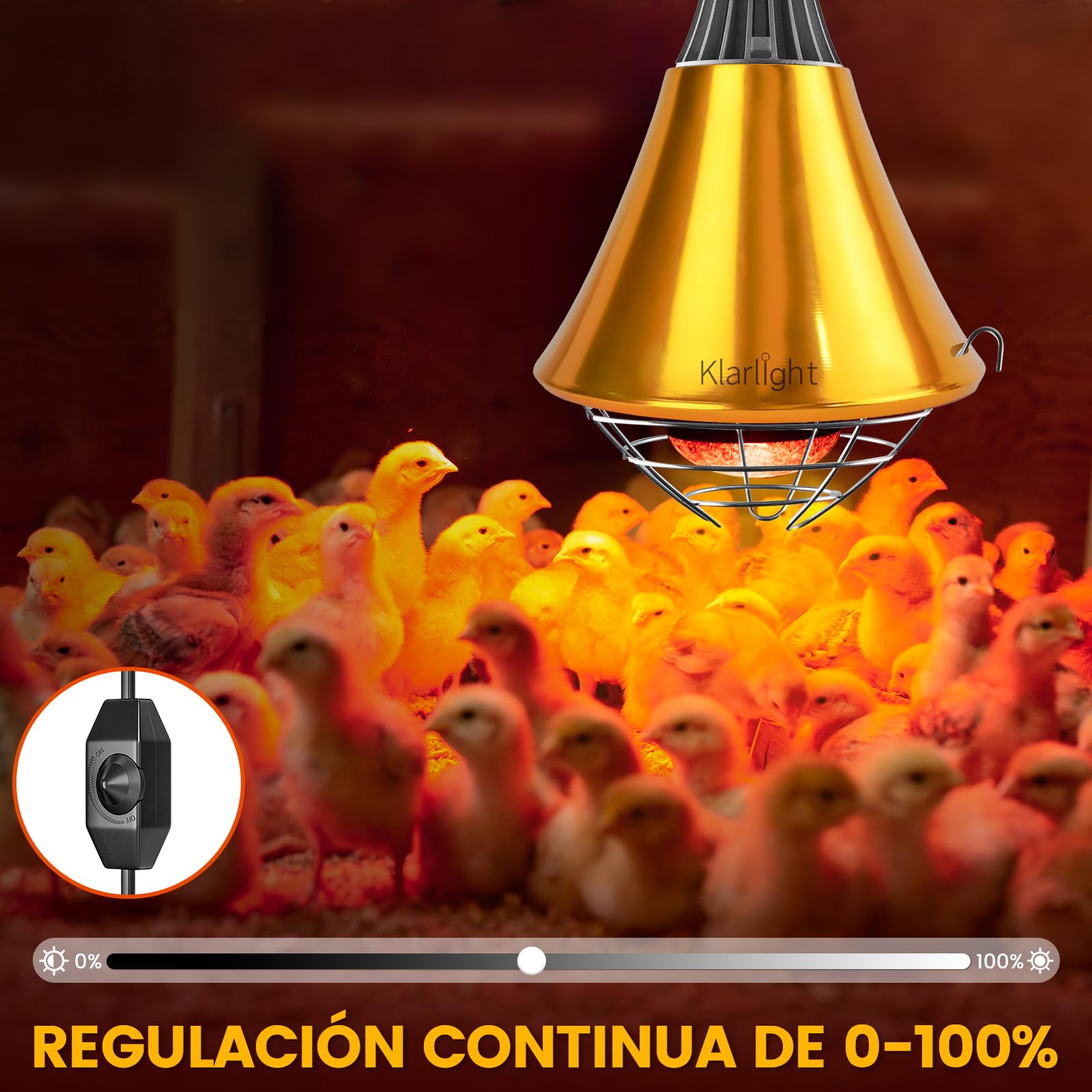 Klarlight Calefactora Infrarrojo Regulable, Reflector con Rejilla Protectora, 2m de Cable, Max. 275W, Calentador para Casas de Cachorros, Pollitos y Cerdos (Sin Bombilla)