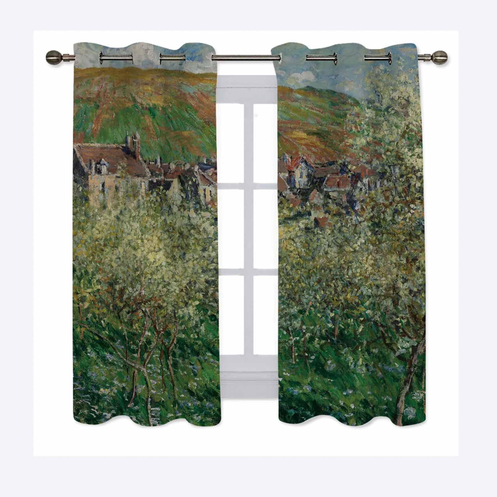 BRANII Blackout Curtains,Claude Monet Painting Oil On Canvas Artistic Nature Blackout Curtains, Wave Pattern Room Darkening Curtain Set,18 Inch Length