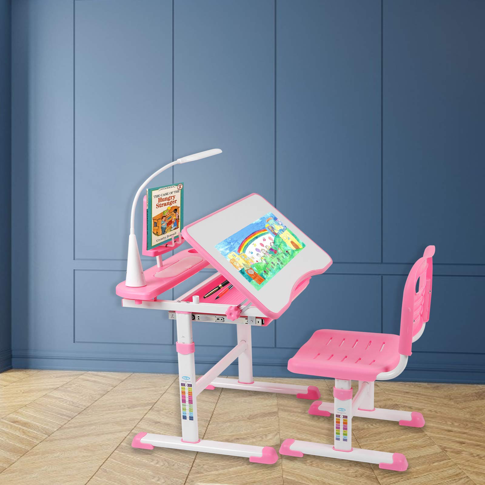 Functional Kids Desk and Chair Set Height Adjustable School Children Study Table with Light