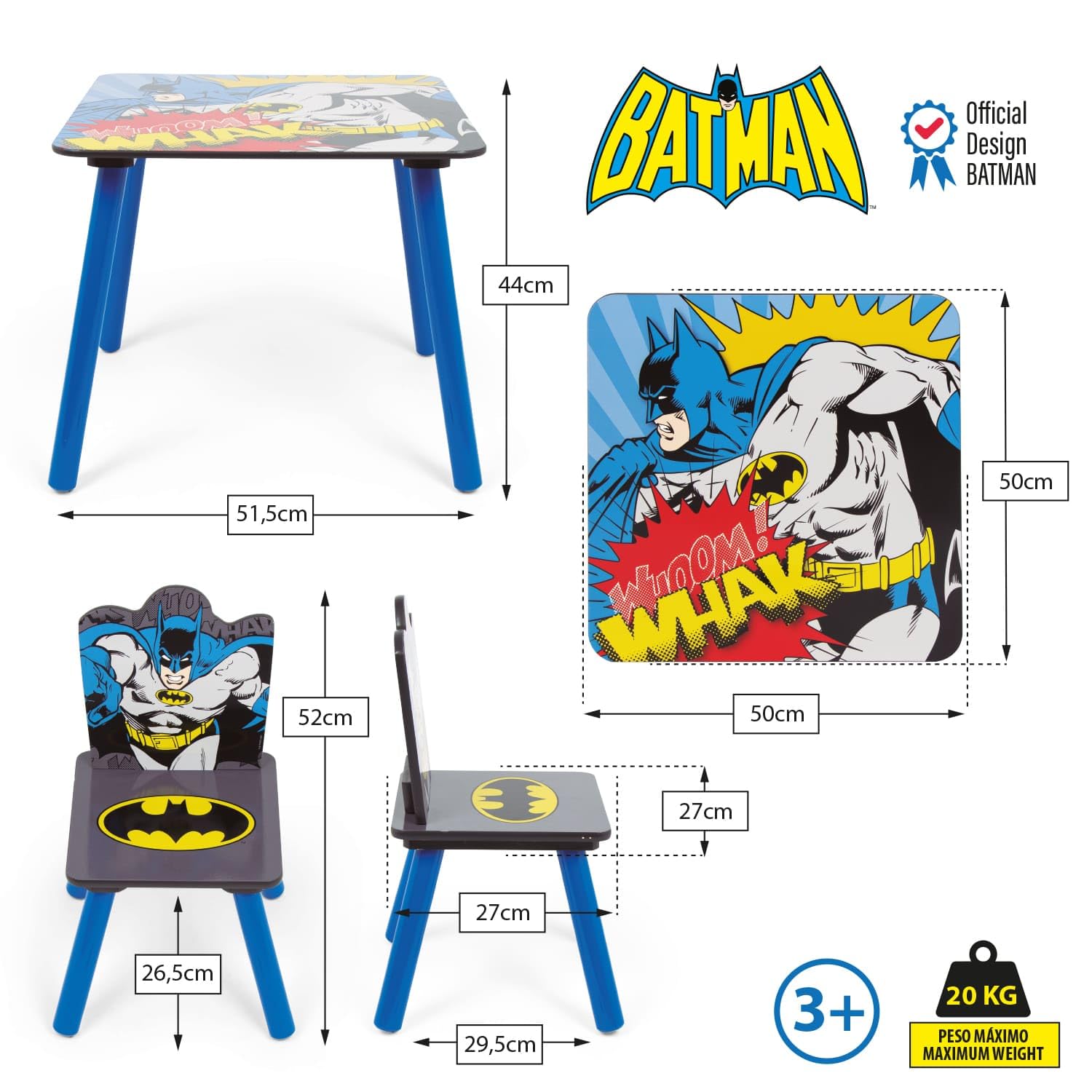 ARDITEX - Ensemble Table et 2 Chaises en Bois pour Enfants Licence Officielle Batman - Table 50x50x44 cm/Chaise 26,5x26,5x50 cm - Bleu Nuit - Idéal pour Jouer et Dessiner