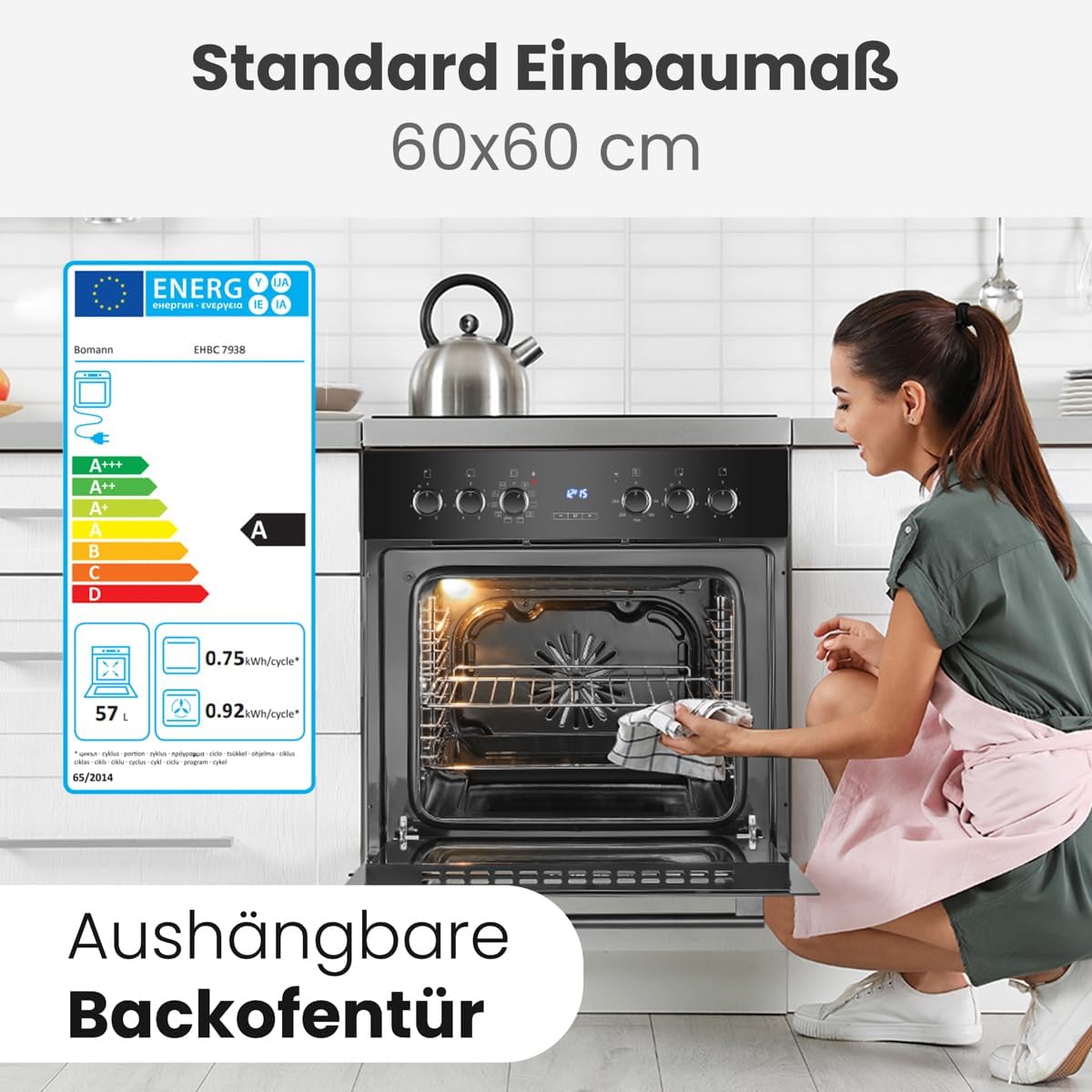 Bomann Herd-Kochfeld-Kombination 60cm Grill Heißluft Energieklasse A 9 Funktionen Glaskeramik-Kochfeld 57L Einbauherd Ceranfeld EHBC 7938