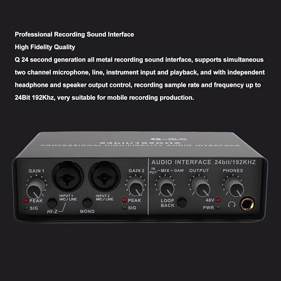 Q24 Professional 48V Power Sound Interface with DSP Effects, 24 Bit 192KHZ High Resolution Audio, USB Recording Interface for Live Broadcast, Streaming & Studio