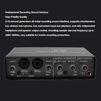 Q24 Professional 48V Power Sound Interface with DSP Effects, 24 Bit 192KHZ High Resolution Audio, USB Recording Interface for Live Broadcast, Streaming & Studio