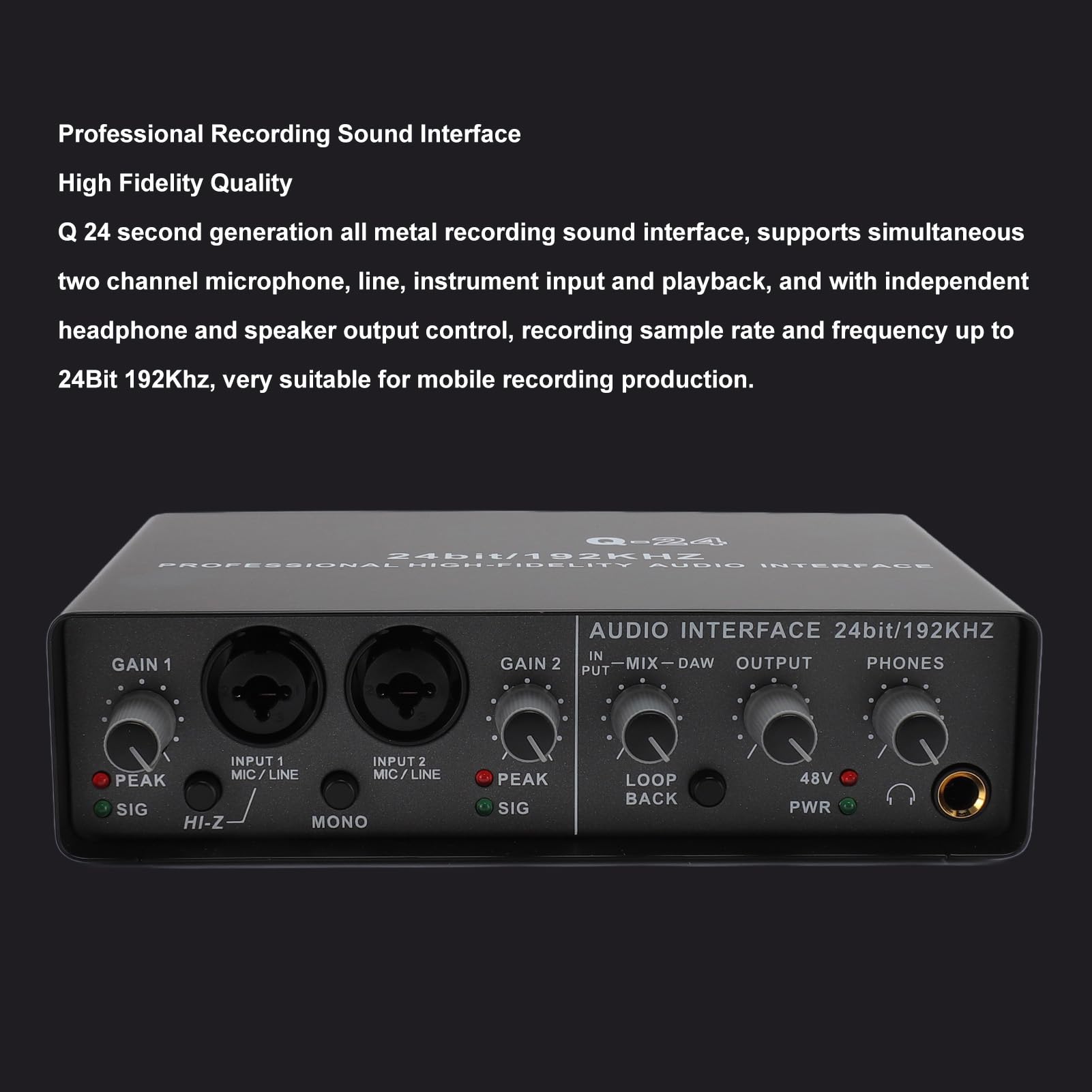 Interfaccia Audio con Alimentazione 48 V, 24 Bit 192 KHZ, Interfaccia Audio di Registrazione per Trasmissioni in Diretta, Registrazione Domestica, Produzione Musicale,