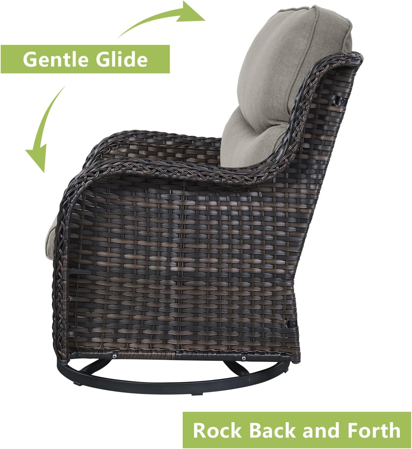 Rilyson Wicker Rocking Chair Swivel Chairs - 3 PC Rocker Patio Furniture Set Rattan Rocking Bistro Sets with Glass Top Side Table for Outdoor Porch Deck Garden Backyard (Brown/Grey/Smile)