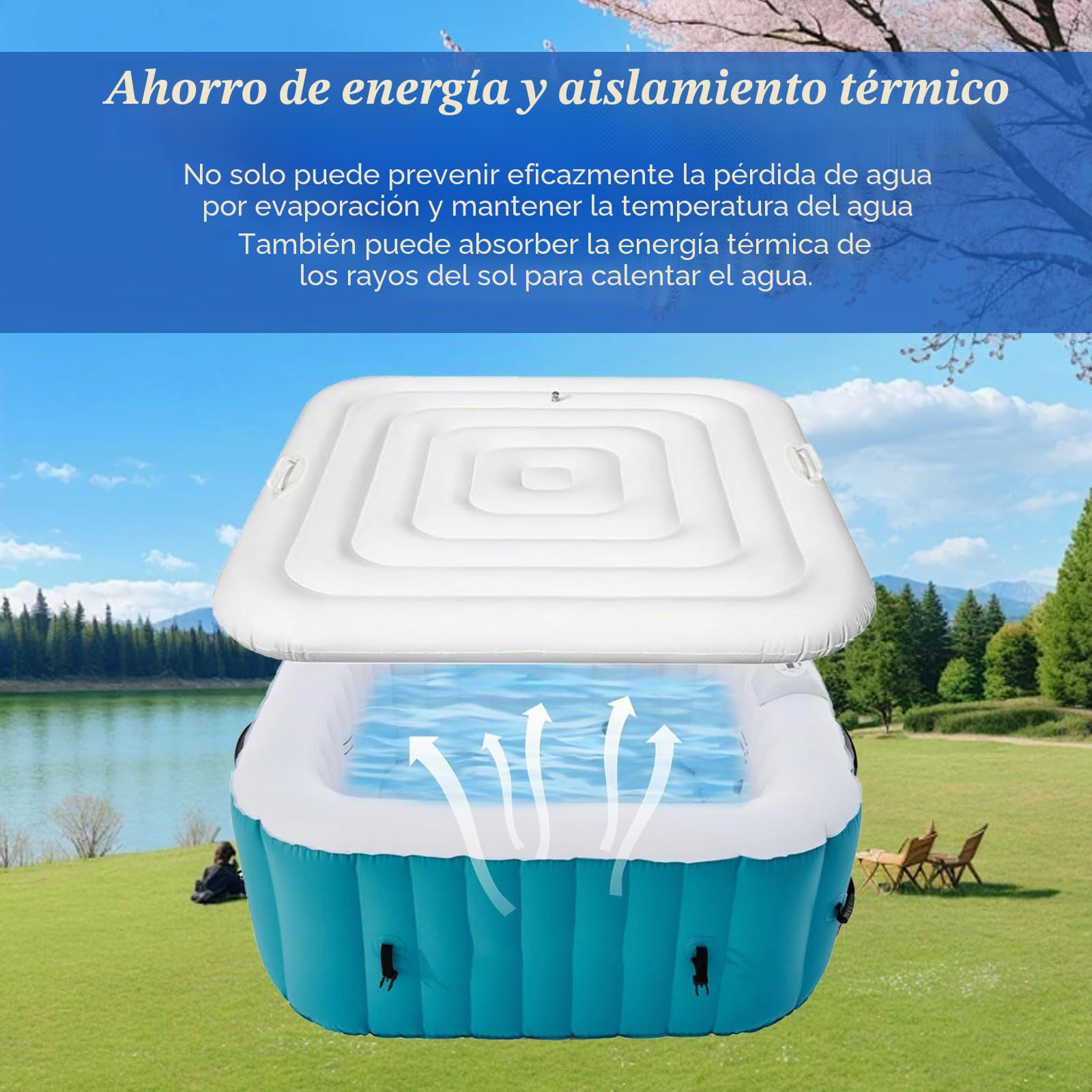 Cubierta de SPA Hinchable, 128cm Cuadrado Cubierta Inflable de Bañera de Hidromasaje Aislada, Cubierta Jacuzzi Exterior, Tapa de Piscina con Dos Asas, Corte de Viento Impermeable a Prueba de Polvo